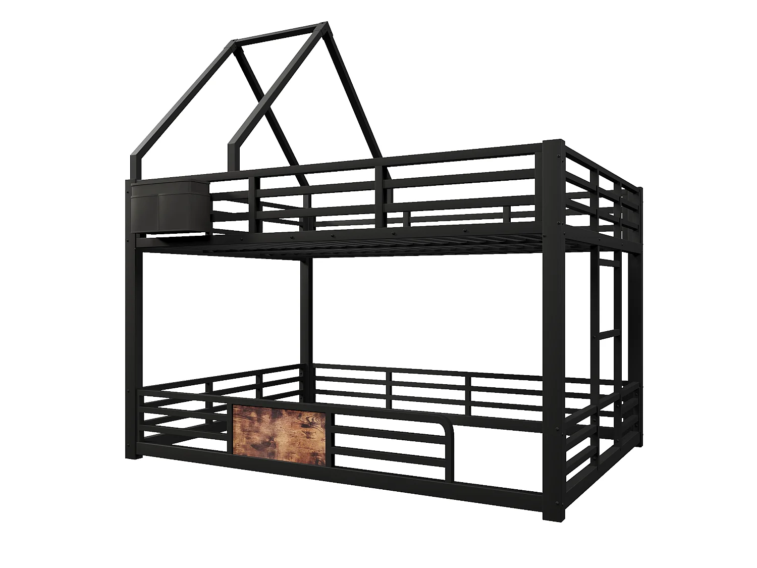 Lit mezzanine en métal 140x200 cm - Avec LED, poches de rangement en tissu - Avec barrières de sécurité - Noir (sans matelas)