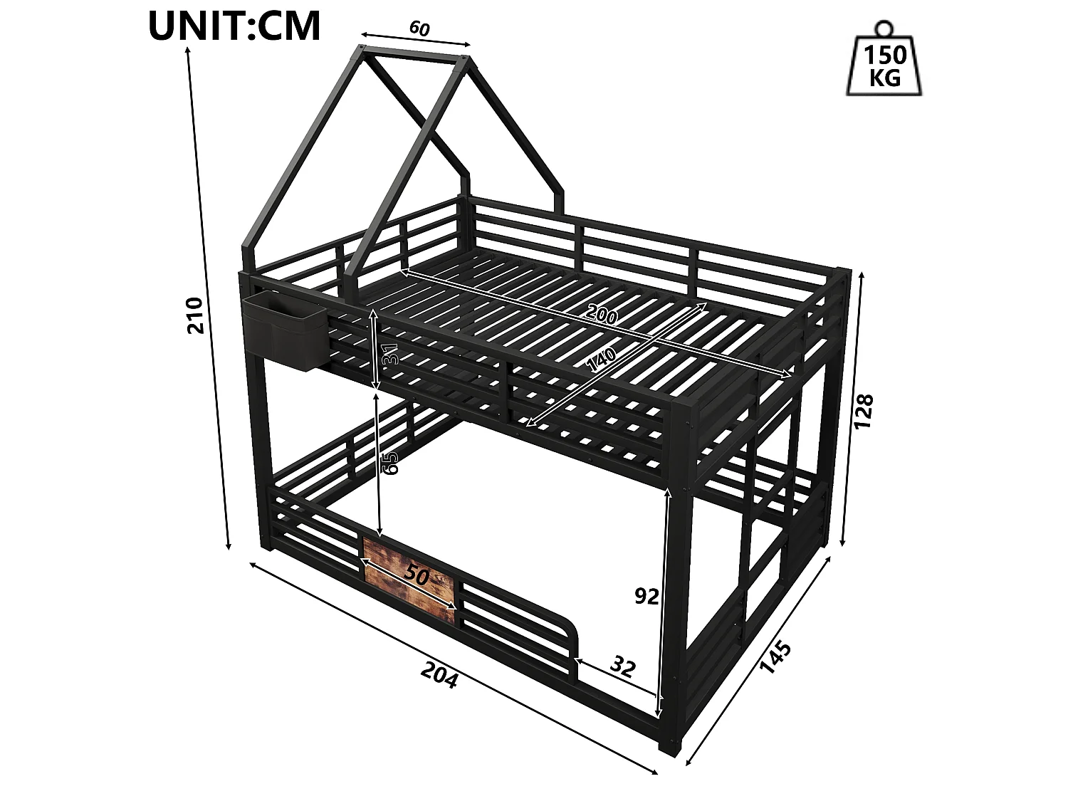 Lit mezzanine en métal 140x200 cm - Avec LED, poches de rangement en tissu - Avec barrières de sécurité - Noir (sans matelas)