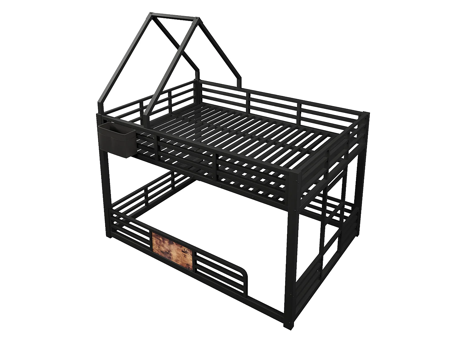 Lit mezzanine en métal 140x200 cm - Avec LED, poches de rangement en tissu - Avec barrières de sécurité - Noir (sans matelas)