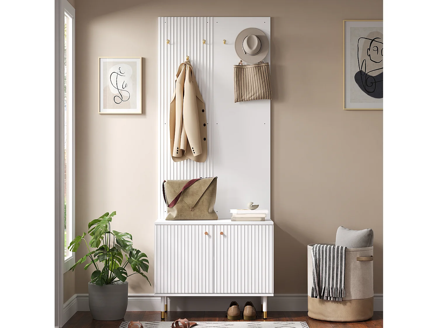 Shoe cabinet with 2 doors, 6 hooks, top shelf and hanging rail - MDF and particleboard - 70 x 35 x 180 cm - White