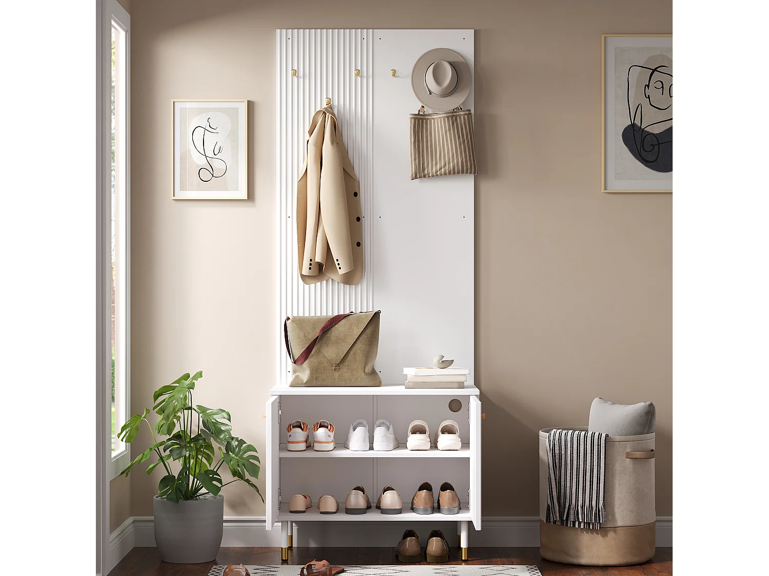 Shoe cabinet with 2 doors, 6 hooks, top shelf and hanging rail - MDF and particleboard - 70 x 35 x 180 cm - White