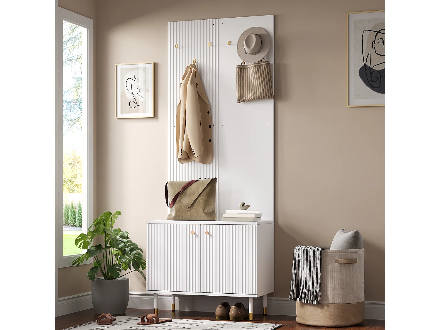 Shoe cabinet with 2 doors, 6 hooks, top shelf and hanging rail - MDF and particleboard - 70 x 35 x 180 cm - White