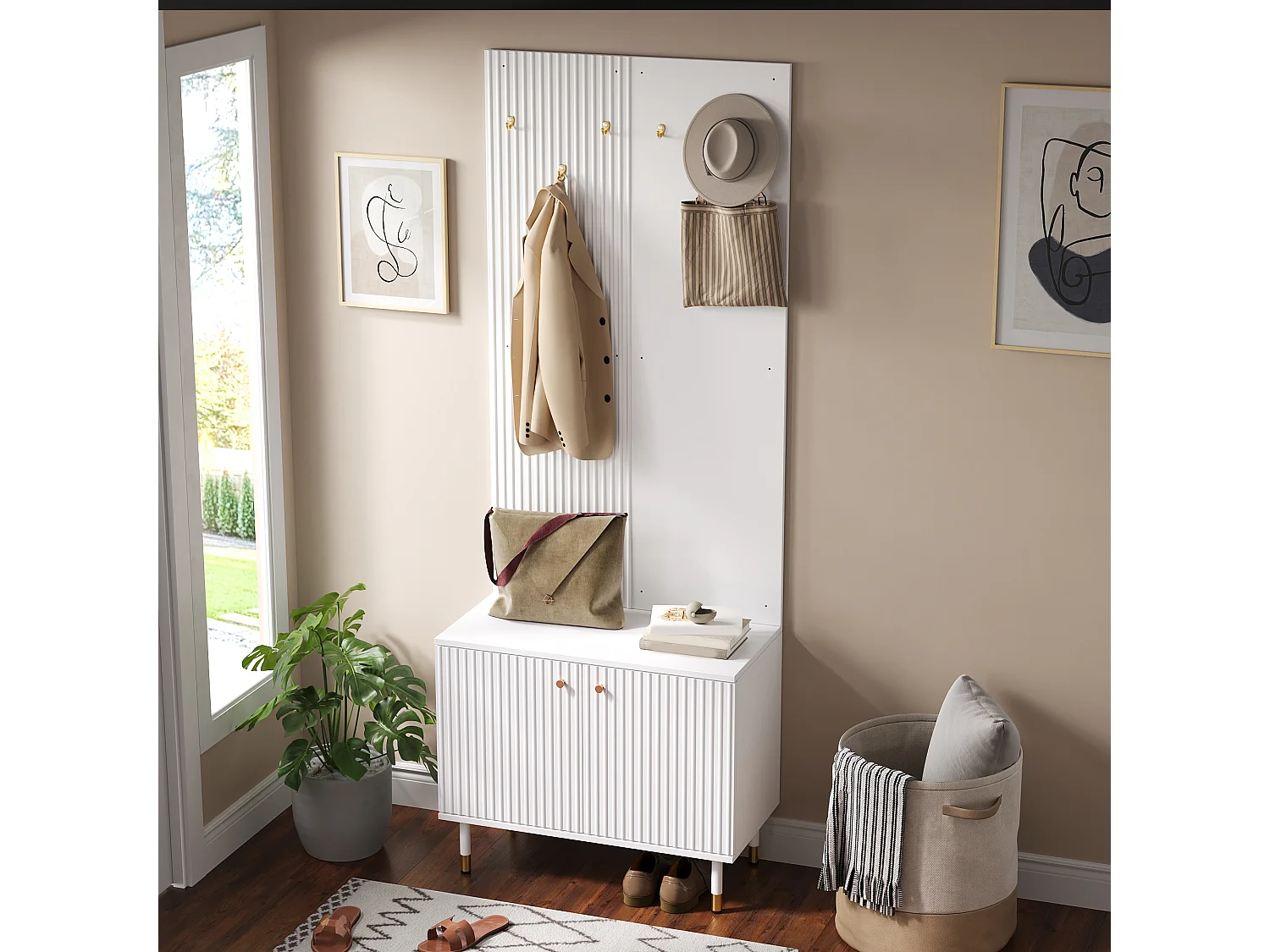 Shoe cabinet with 2 doors, 6 hooks, top shelf and hanging rail - MDF and particleboard - 70 x 35 x 180 cm - White