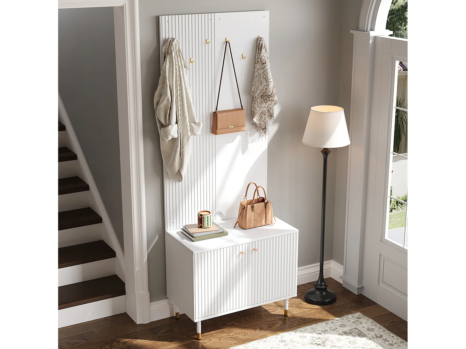 Shoe cabinet with 2 doors, 6 hooks, top shelf and hanging rail - MDF and particleboard - 70 x 35 x 180 cm - White