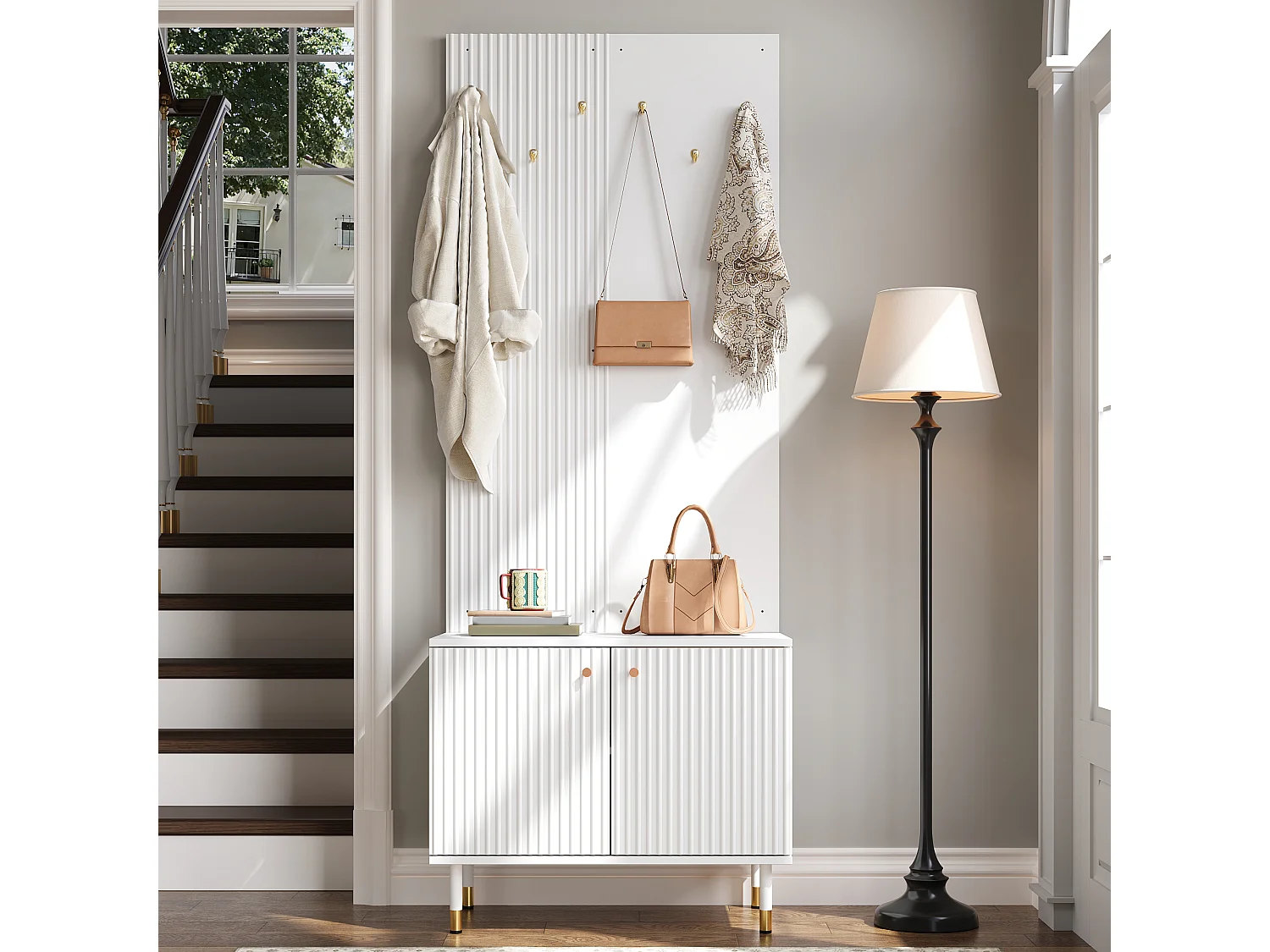 Shoe cabinet with 2 doors, 6 hooks, top shelf and hanging rail - MDF and particleboard - 70 x 35 x 180 cm - White