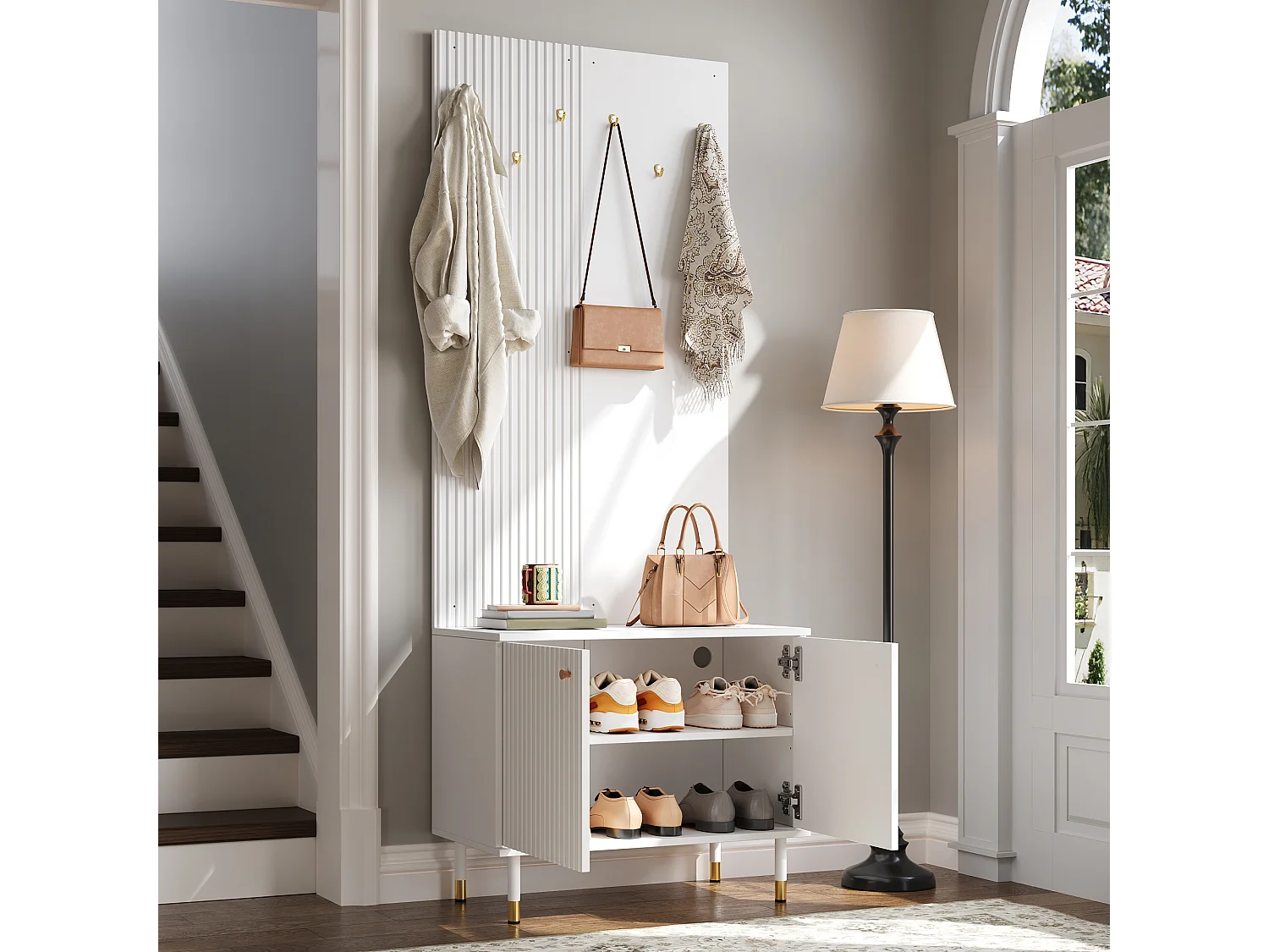 Shoe cabinet with 2 doors, 6 hooks, top shelf and hanging rail - MDF and particleboard - 70 x 35 x 180 cm - White