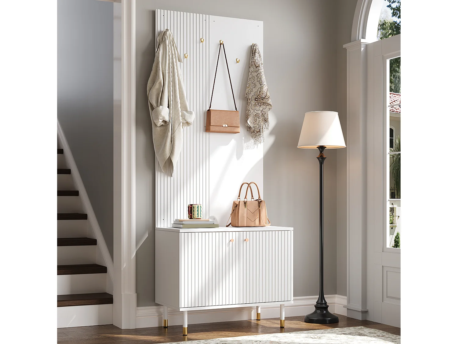 Shoe cabinet with 2 doors, 6 hooks, top shelf and hanging rail - MDF and particleboard - 70 x 35 x 180 cm - White