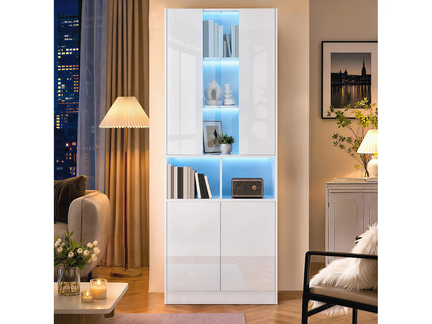 Vitrine, armoire haute 70 x 35 x 180 cm - Éclairage LED - Avec 4 portes et étagères réglables - MDF - Blanc