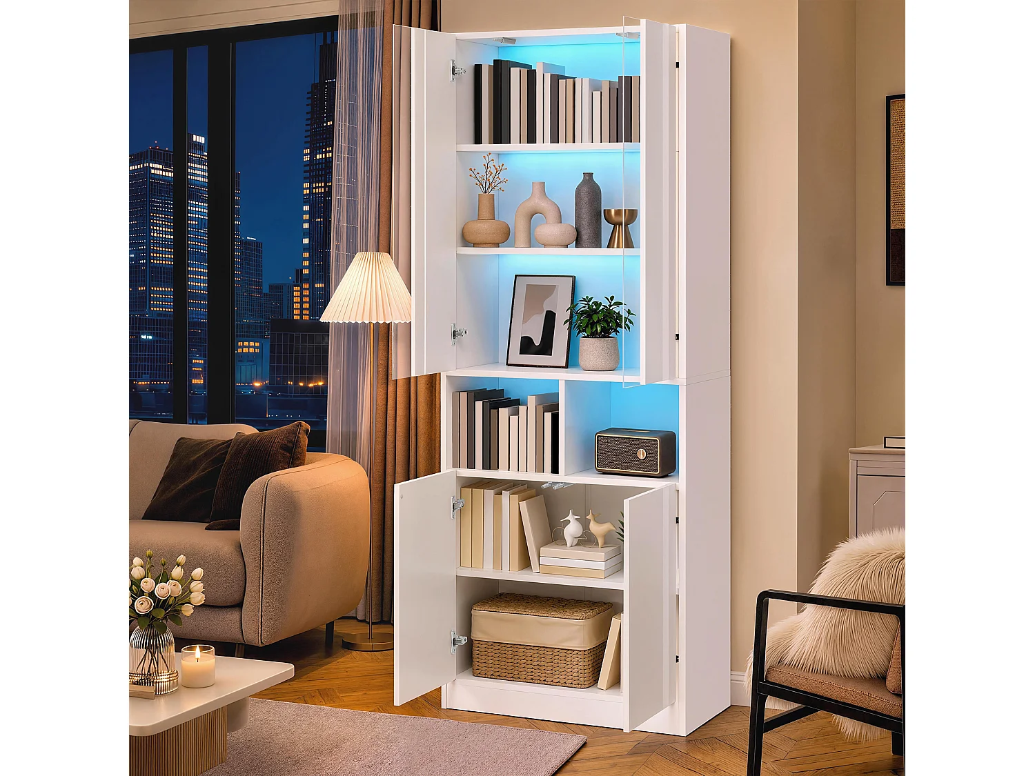 Vitrine, armoire haute 70 x 35 x 180 cm - Éclairage LED - Avec 4 portes et étagères réglables - MDF - Blanc