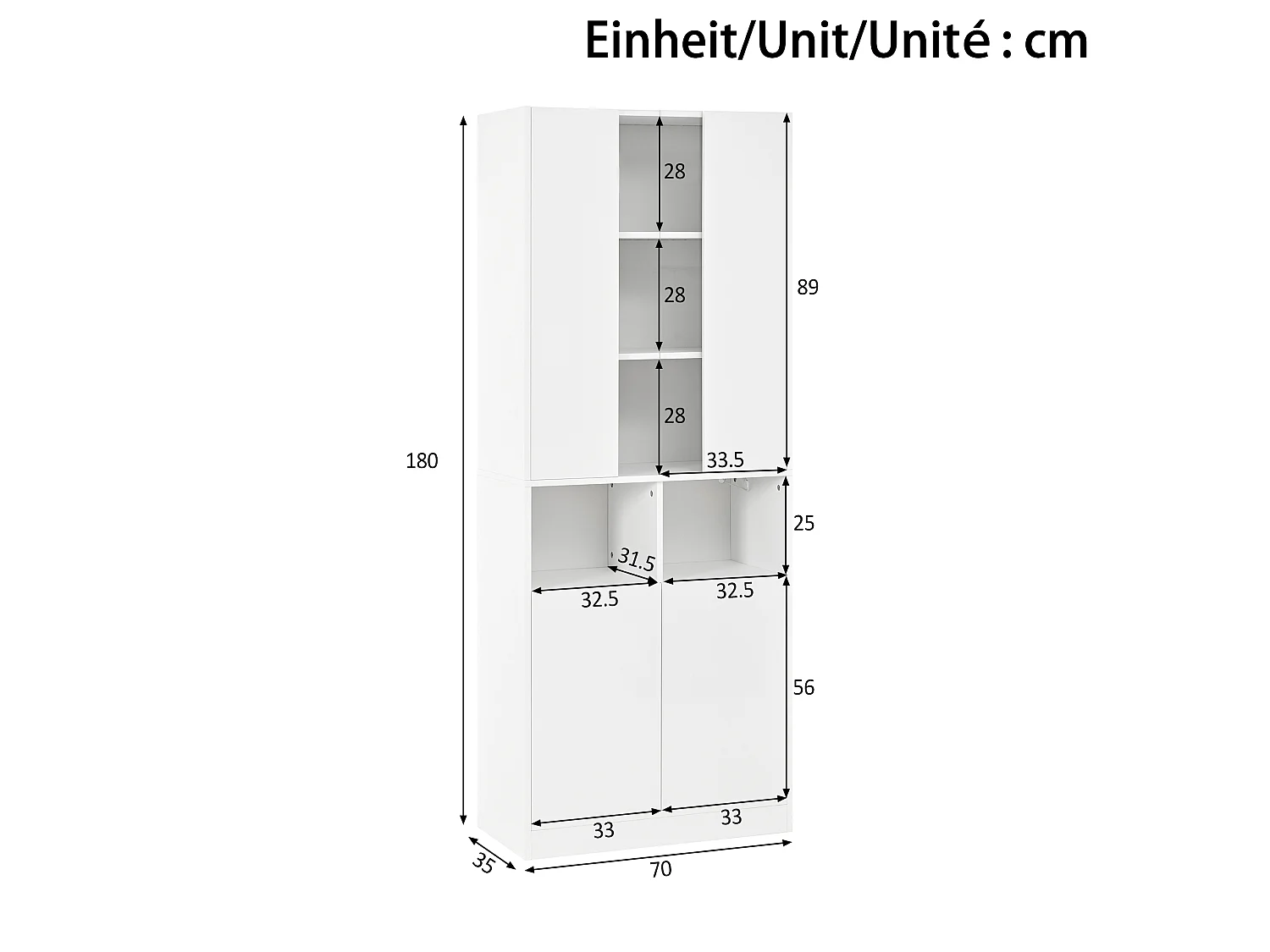 Vitrine, armoire haute 70 x 35 x 180 cm - Éclairage LED - Avec 4 portes et étagères réglables - MDF - Blanc