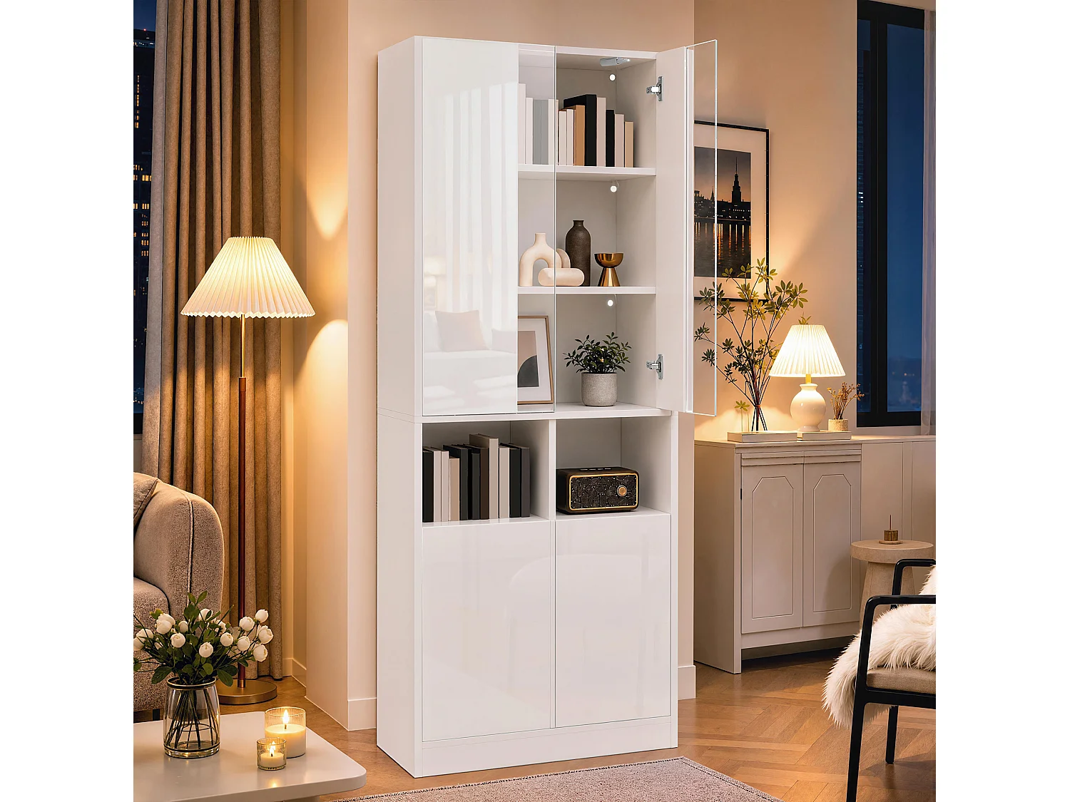 Vitrine, armoire haute 70 x 35 x 180 cm - Éclairage LED - Avec 4 portes et étagères réglables - MDF - Blanc