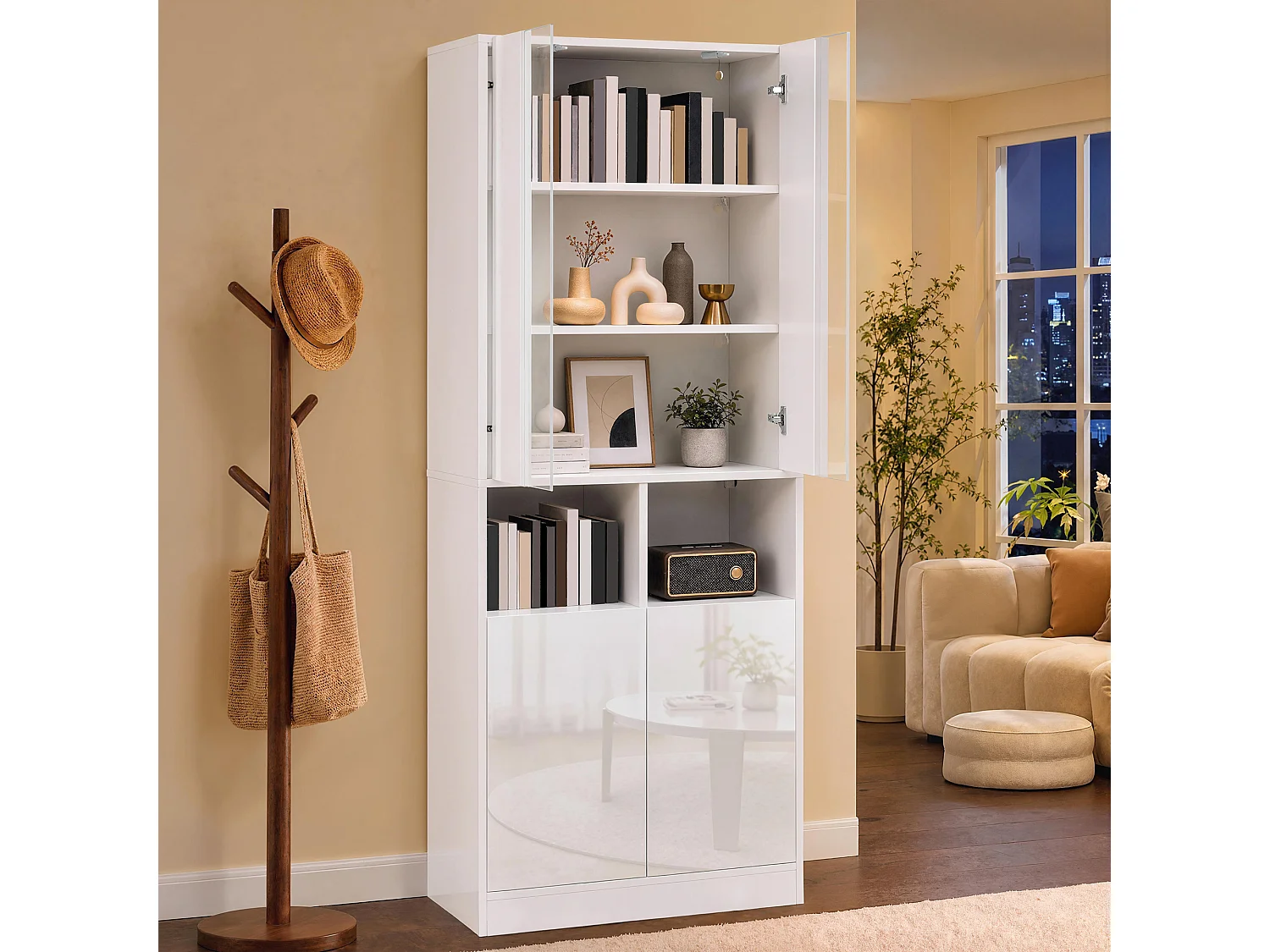 Vitrine, armoire haute 70 x 35 x 180 cm - Éclairage LED - Avec 4 portes et étagères réglables - MDF - Blanc