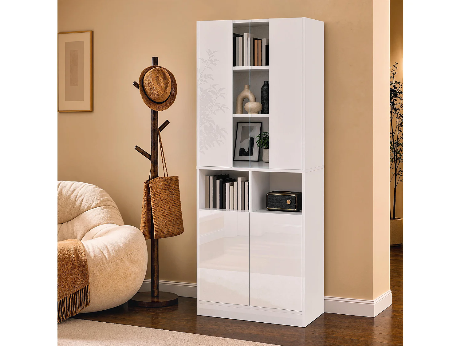 Vitrine, armoire haute 70 x 35 x 180 cm - Éclairage LED - Avec 4 portes et étagères réglables - MDF - Blanc