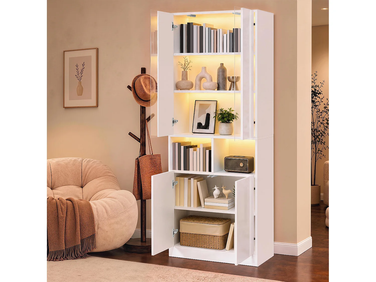 Vitrine, armoire haute 70 x 35 x 180 cm - Éclairage LED - Avec 4 portes et étagères réglables - MDF - Blanc