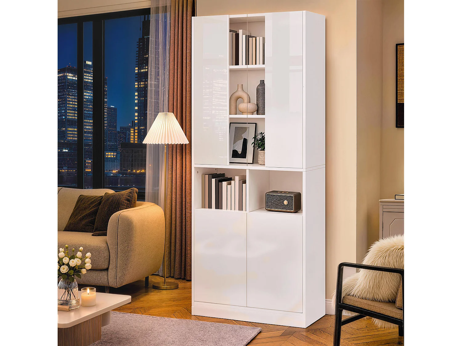 Vitrine, armoire haute 70 x 35 x 180 cm - Éclairage LED - Avec 4 portes et étagères réglables - MDF - Blanc