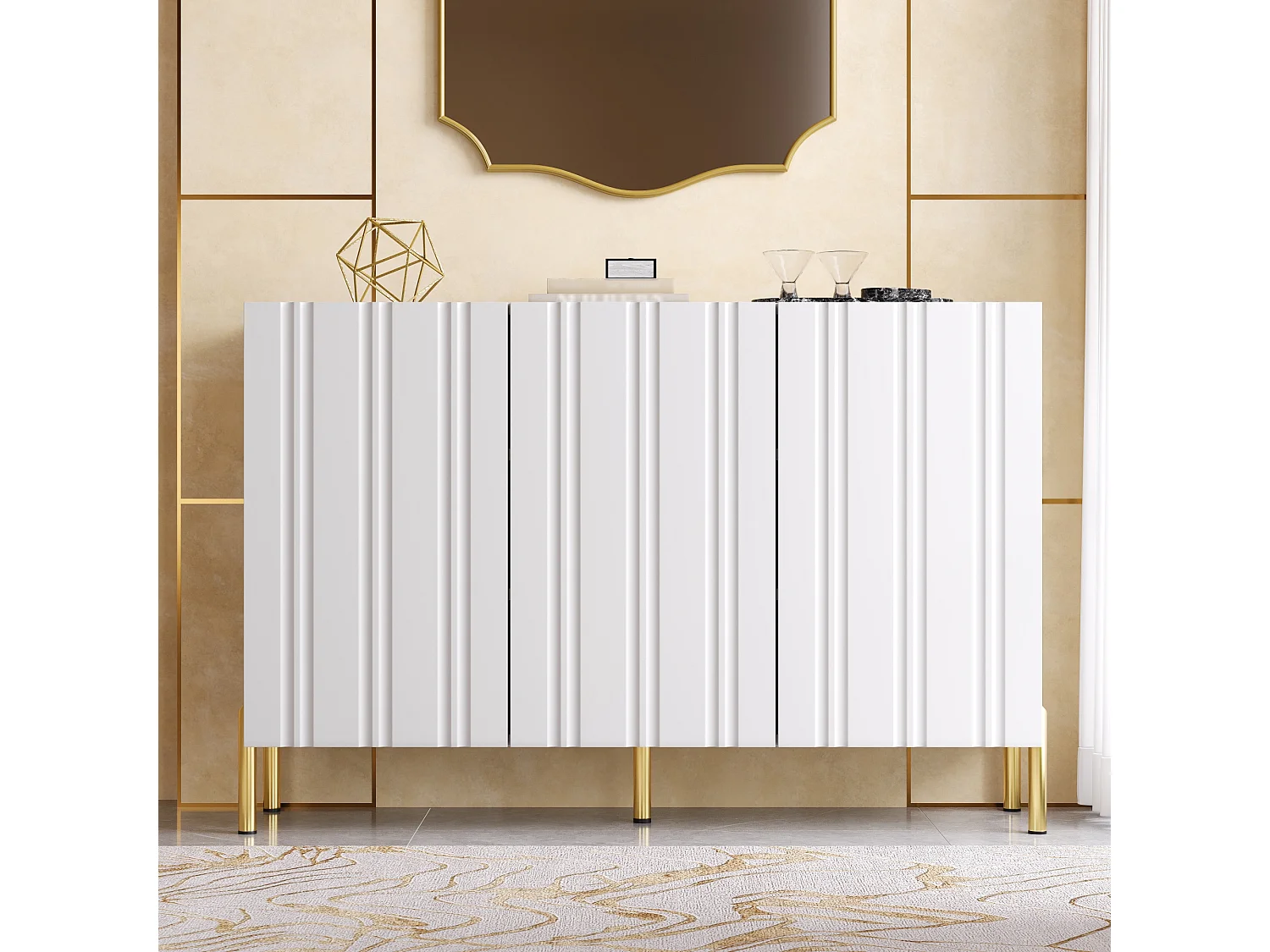 Buffet/Meuble à chaussures 120x35.5x80cm - Avec 3 portes - Étagères réglables - Pieds en métal doré - MDF - Blanc