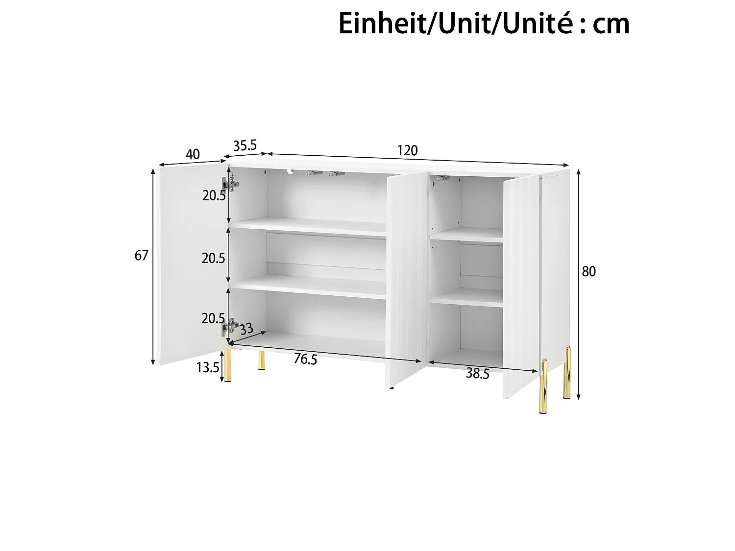 Buffet/Meuble à chaussures 120x35.5x80cm - Avec 3 portes - Étagères réglables - Pieds en métal doré - MDF - Blanc