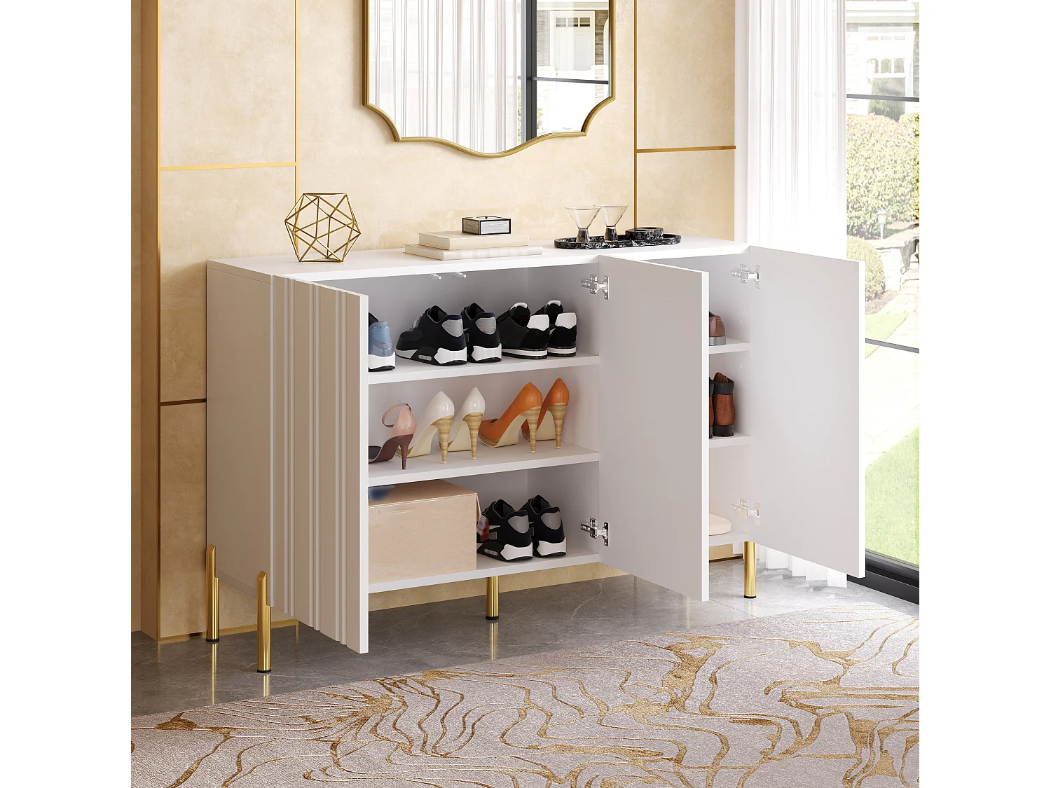 Buffet/Meuble à chaussures 120x35.5x80cm - Avec 3 portes - Étagères réglables - Pieds en métal doré - MDF - Blanc