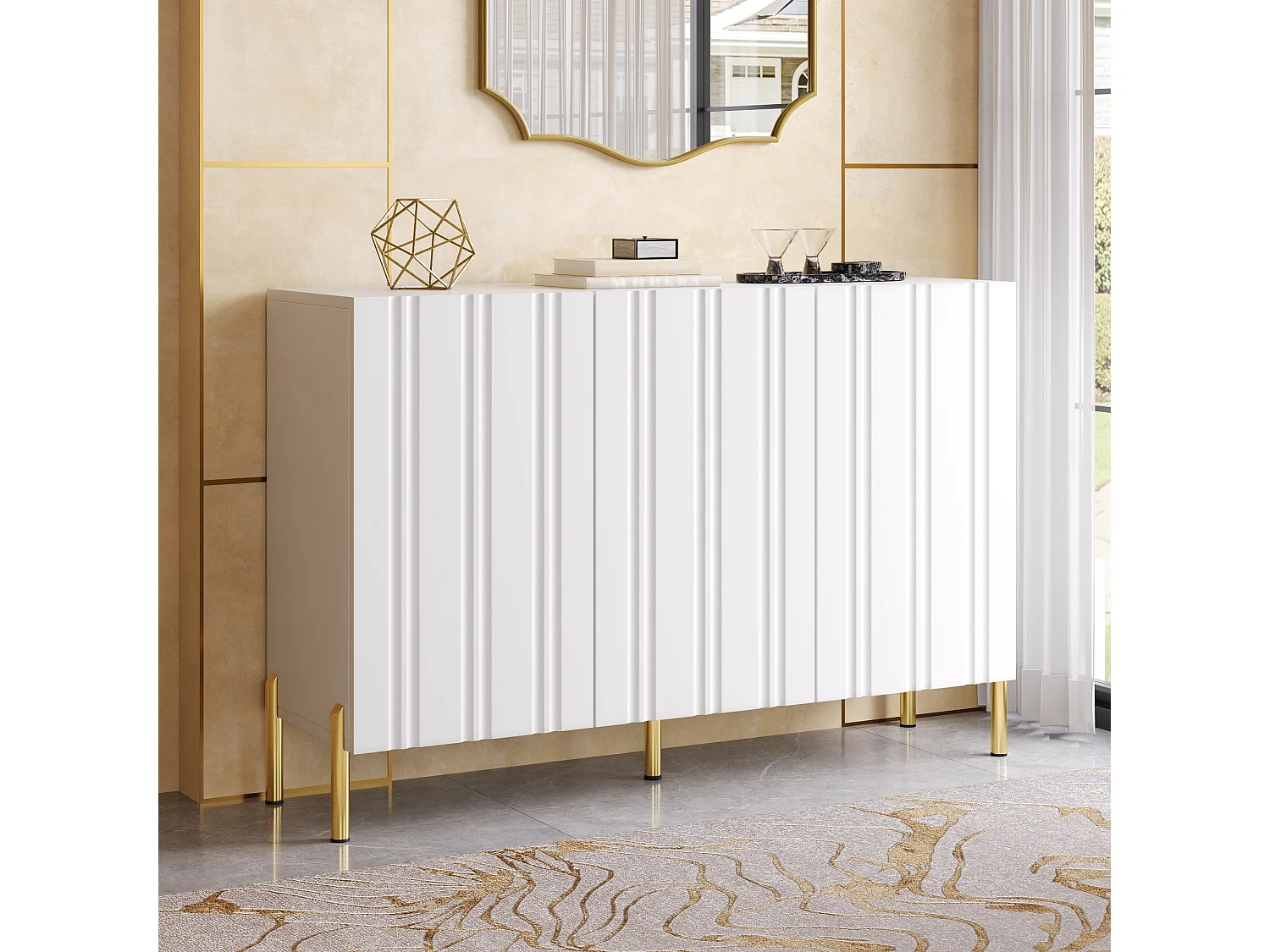 Buffet/Meuble à chaussures 120x35.5x80cm - Avec 3 portes - Étagères réglables - Pieds en métal doré - MDF - Blanc