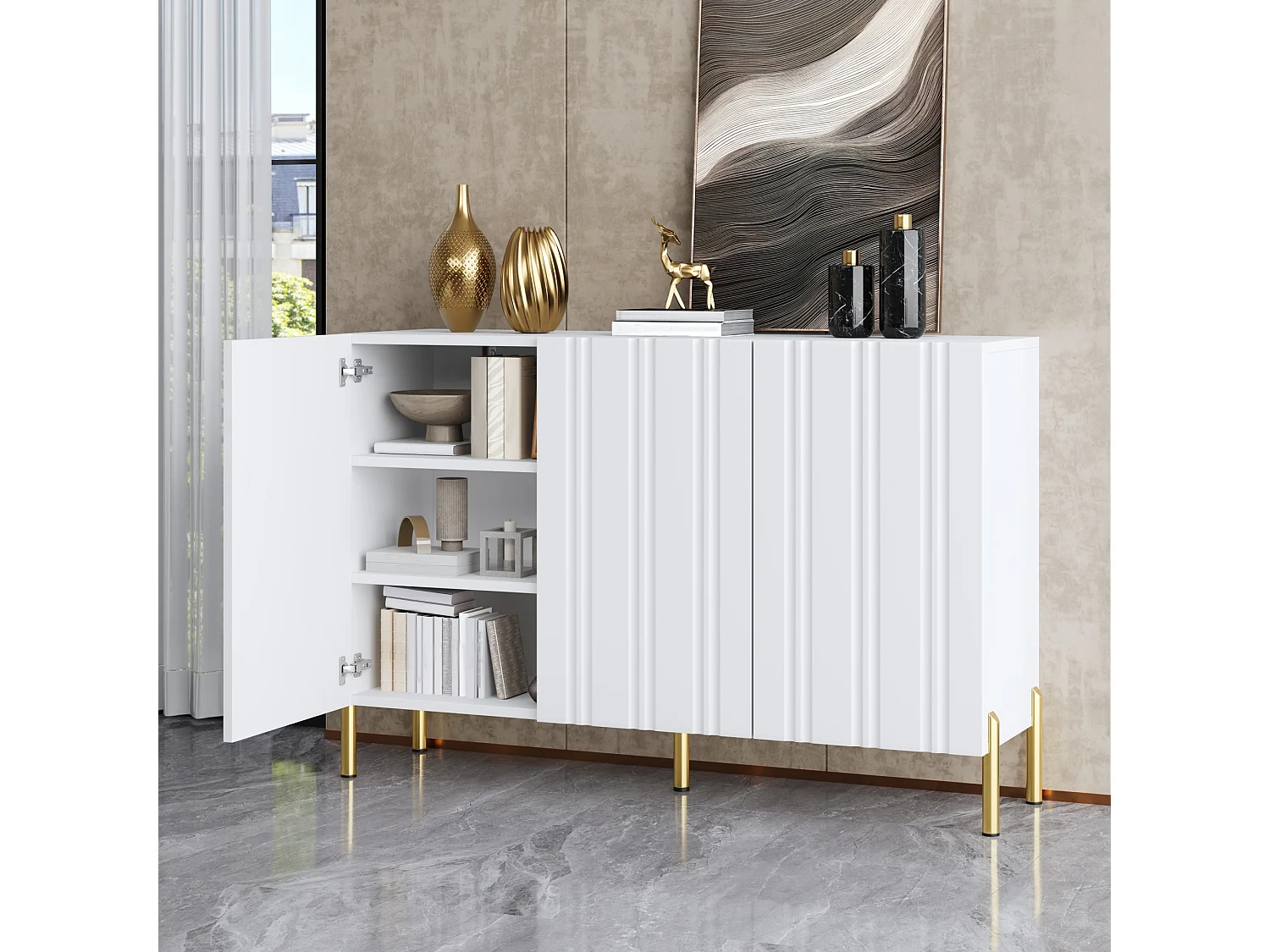 Buffet/Meuble à chaussures 120x35.5x80cm - Avec 3 portes - Étagères réglables - Pieds en métal doré - MDF - Blanc