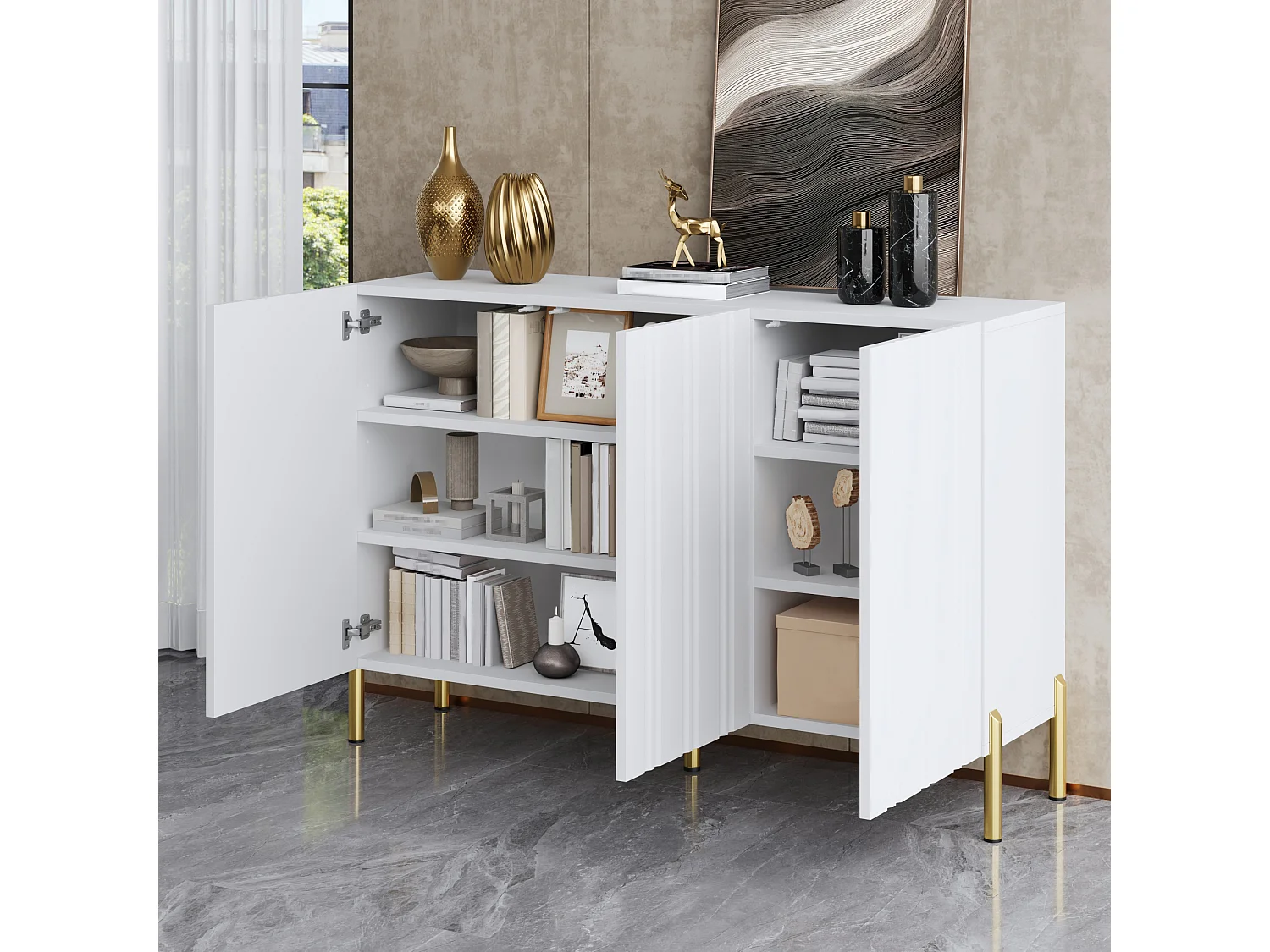 Buffet/Meuble à chaussures 120x35.5x80cm - Avec 3 portes - Étagères réglables - Pieds en métal doré - MDF - Blanc