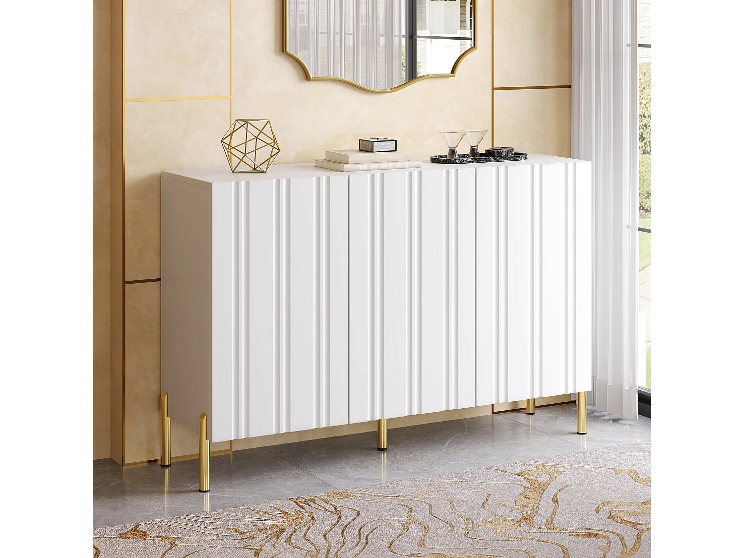 Buffet/Meuble à chaussures 120x35.5x80cm - Avec 3 portes - Étagères réglables - Pieds en métal doré - MDF - Blanc