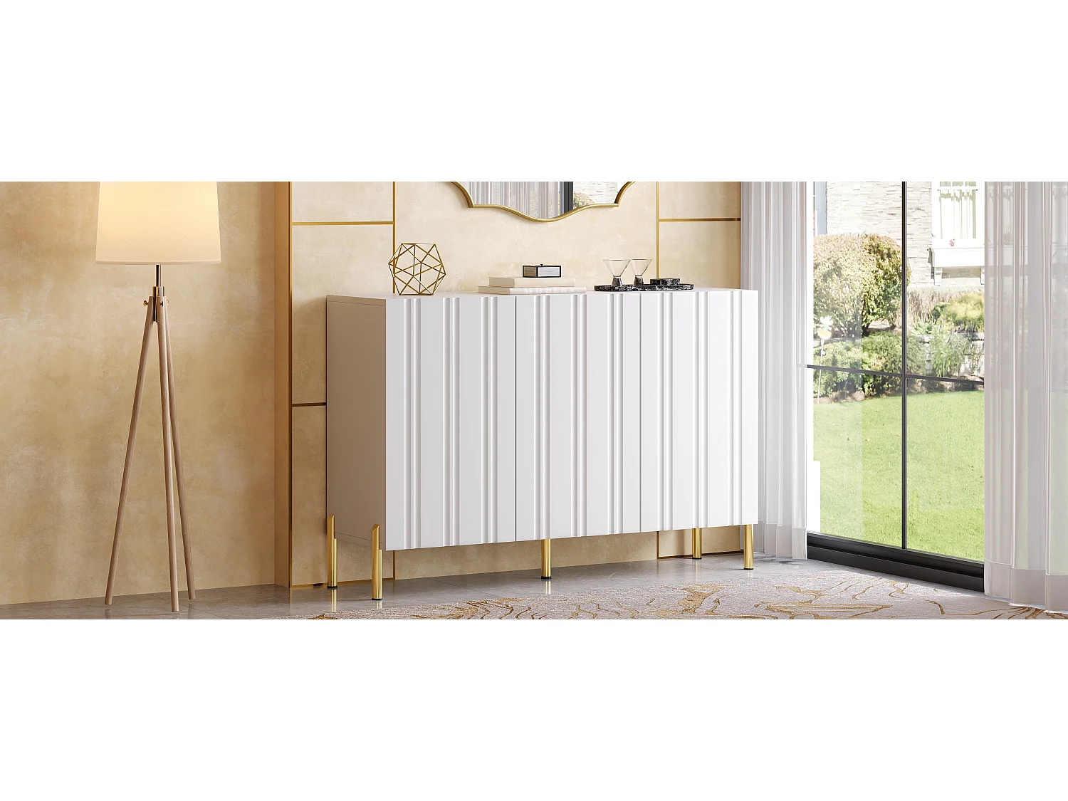 Buffet/Meuble à chaussures 120x35.5x80cm - Avec 3 portes - Étagères réglables - Pieds en métal doré - MDF - Blanc