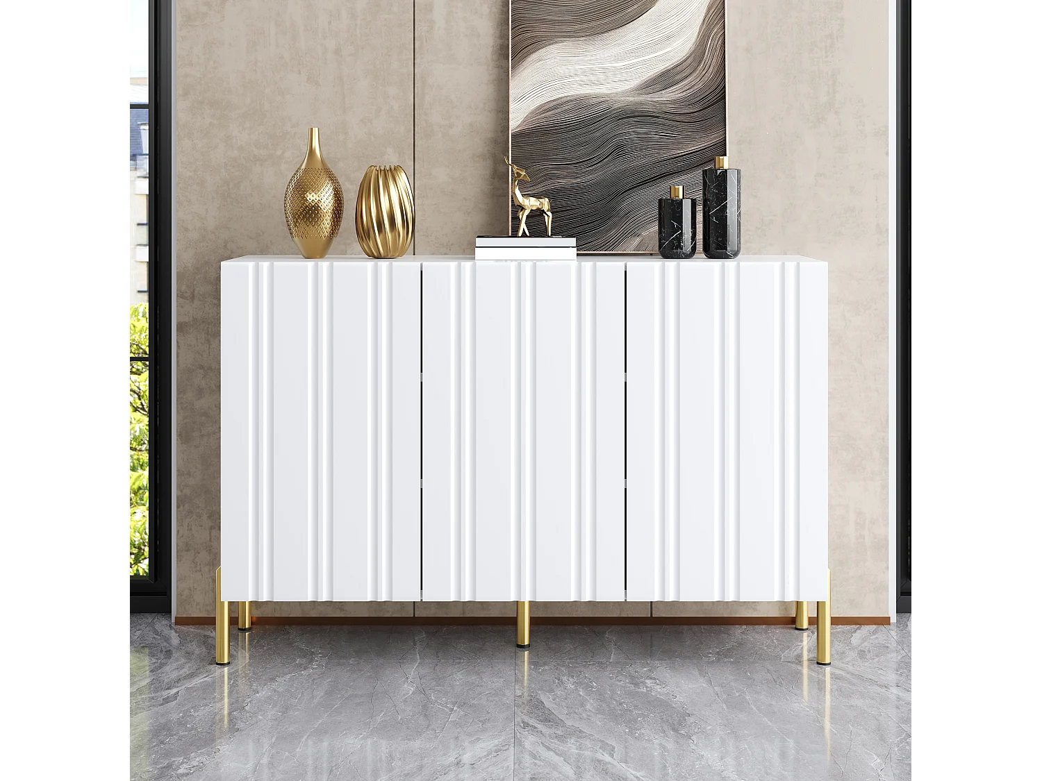 Buffet/Meuble à chaussures 120x35.5x80cm - Avec 3 portes - Étagères réglables - Pieds en métal doré - MDF - Blanc
