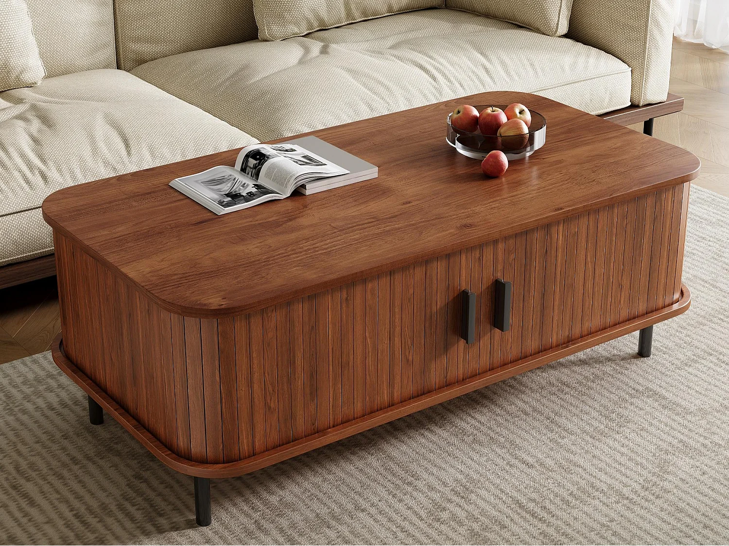 Table basse rectangulaire 120x55x45 cm - Avec 2 portes coulissantes - Rayures verticales - MDF - Marron