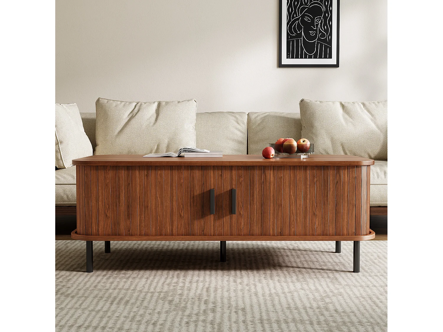 Table basse rectangulaire 120x55x45 cm - Avec 2 portes coulissantes - Rayures verticales - MDF - Marron