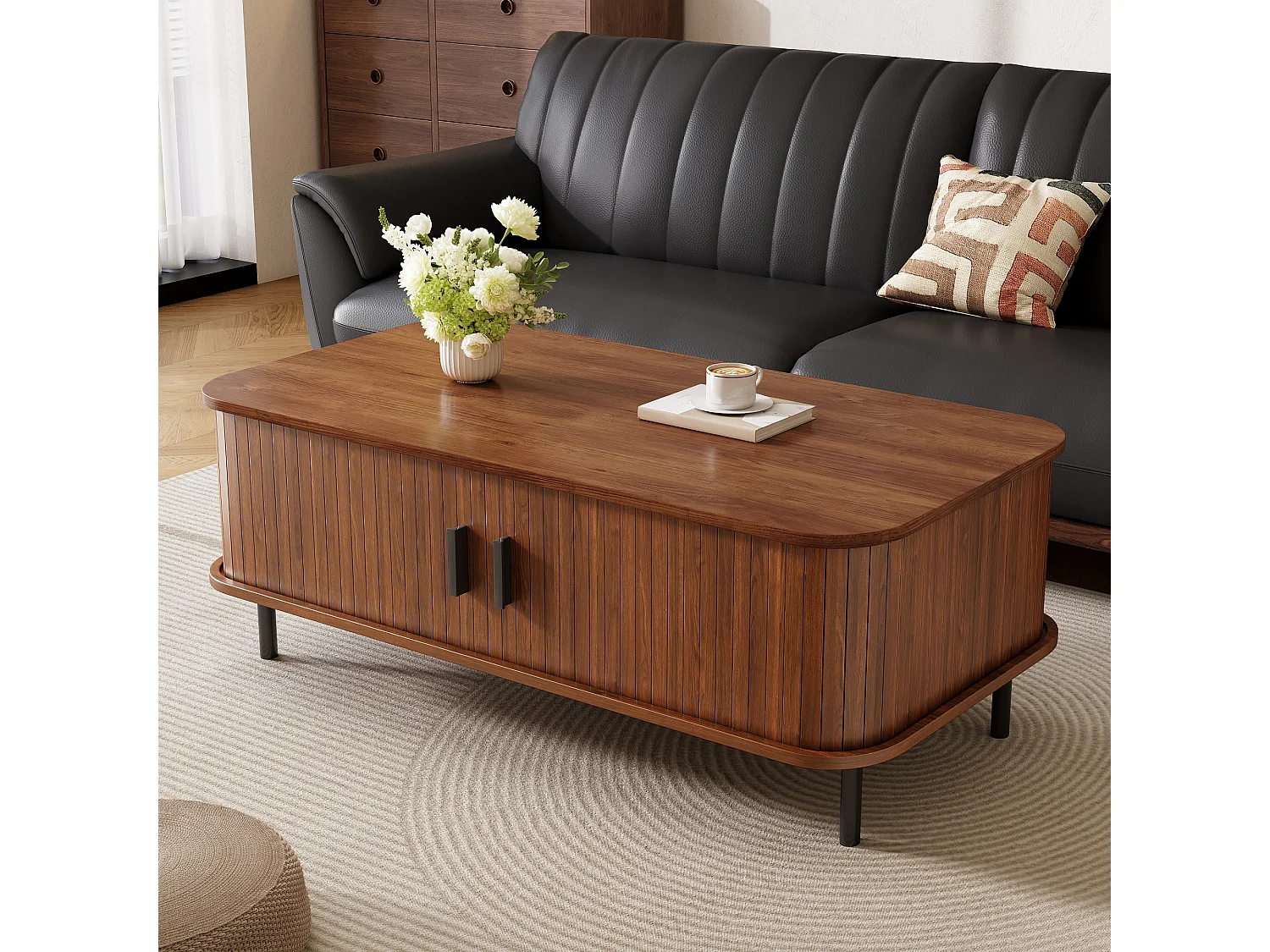 Table basse rectangulaire 120x55x45 cm - Avec 2 portes coulissantes - Rayures verticales - MDF - Marron