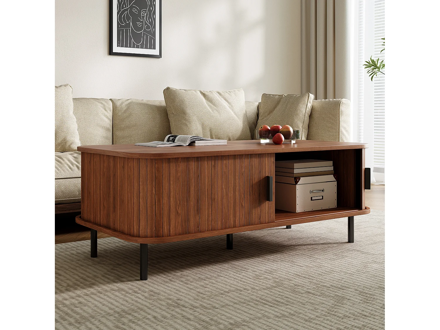 Table basse rectangulaire 120x55x45 cm - Avec 2 portes coulissantes - Rayures verticales - MDF - Marron
