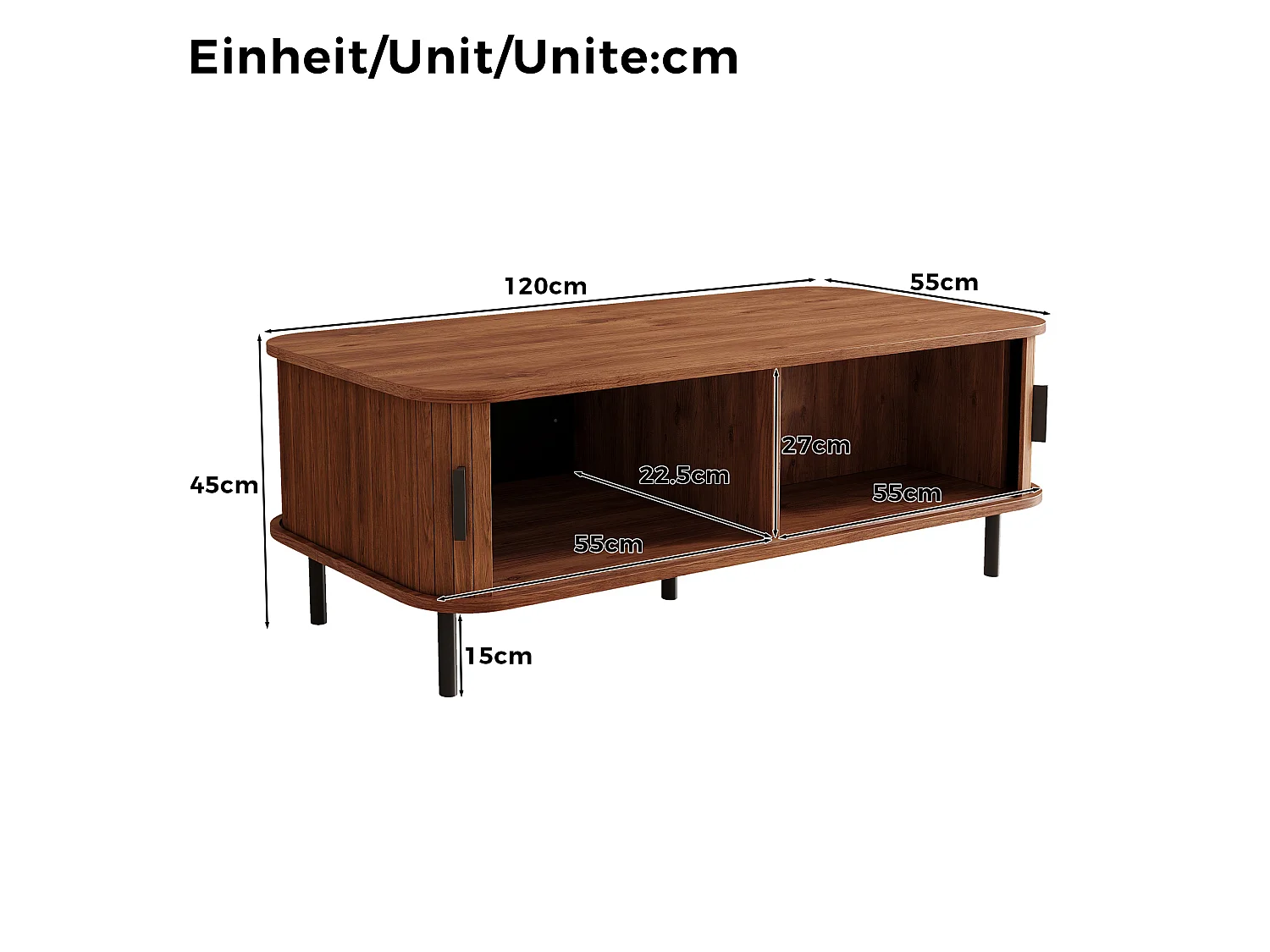Table basse rectangulaire 120x55x45 cm - Avec 2 portes coulissantes - Rayures verticales - MDF - Marron