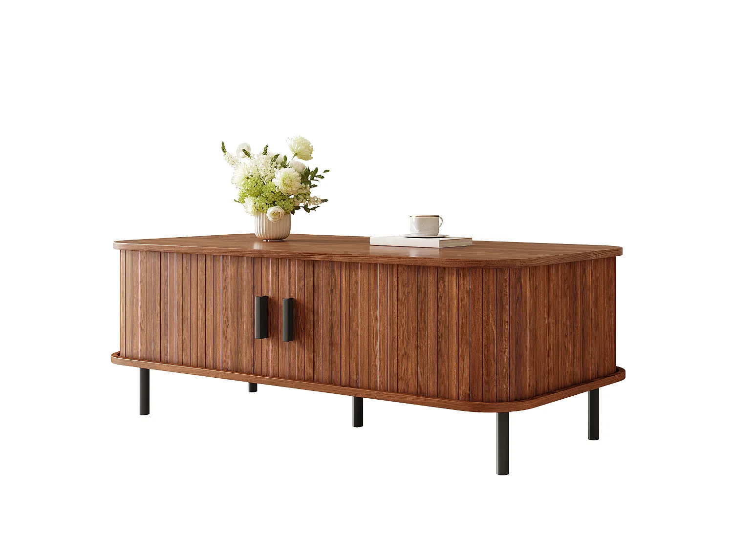 Table basse rectangulaire 120x55x45 cm - Avec 2 portes coulissantes - Rayures verticales - MDF - Marron