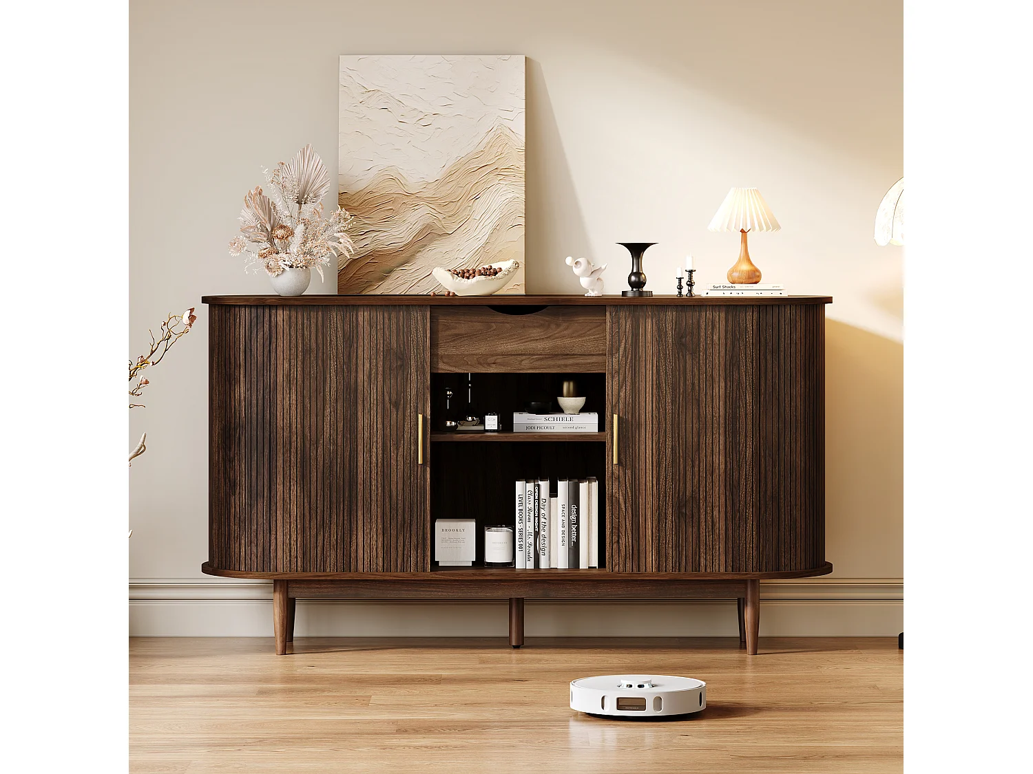 Buffet style rétro 140x40x78 cm - 2 portes coulissantes, 1 tiroir et étagères ouvertes - Plateau incurvé - Marron