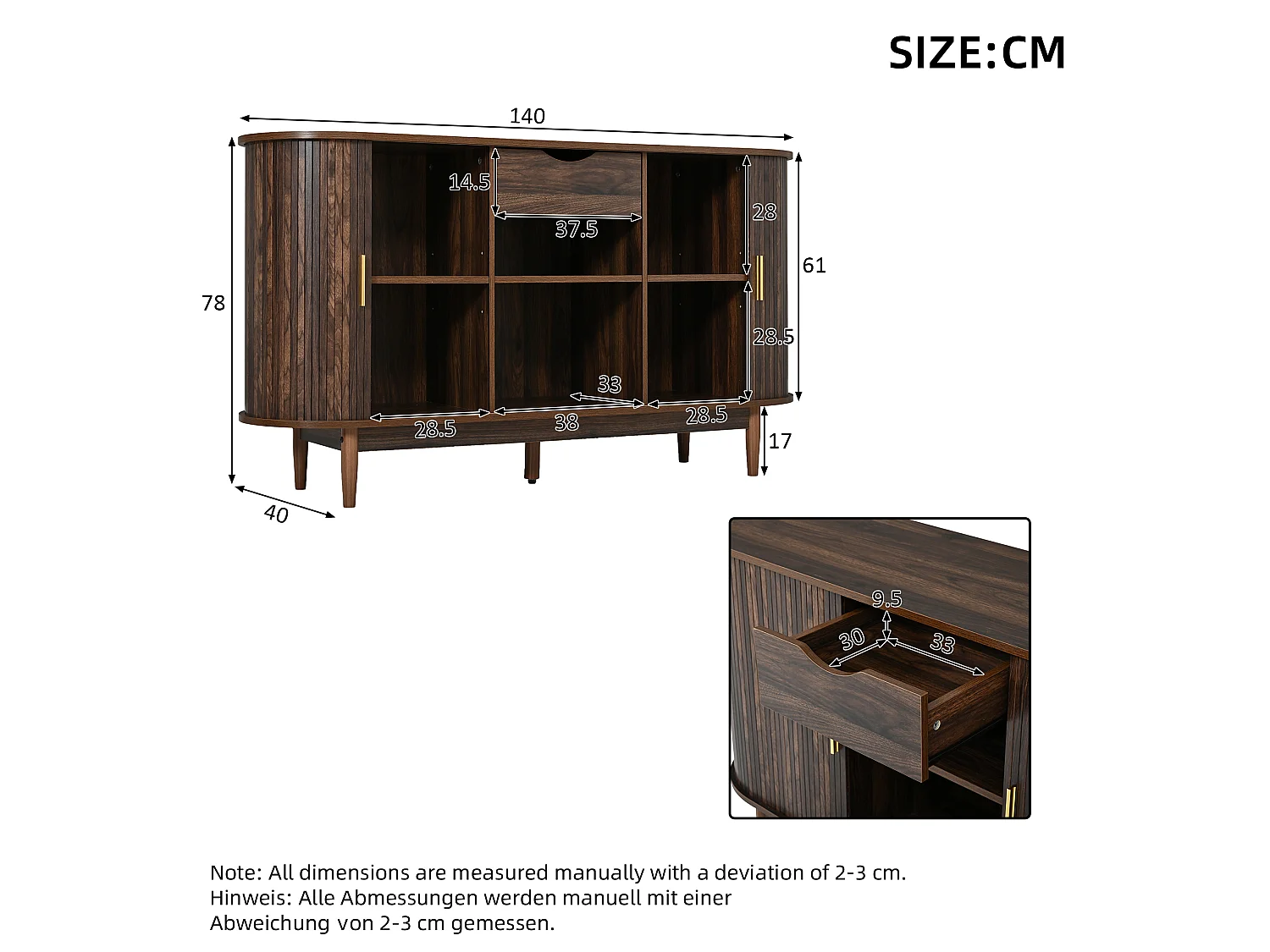 Buffet style rétro 140x40x78 cm - 2 portes coulissantes, 1 tiroir et étagères ouvertes - Plateau incurvé - Marron