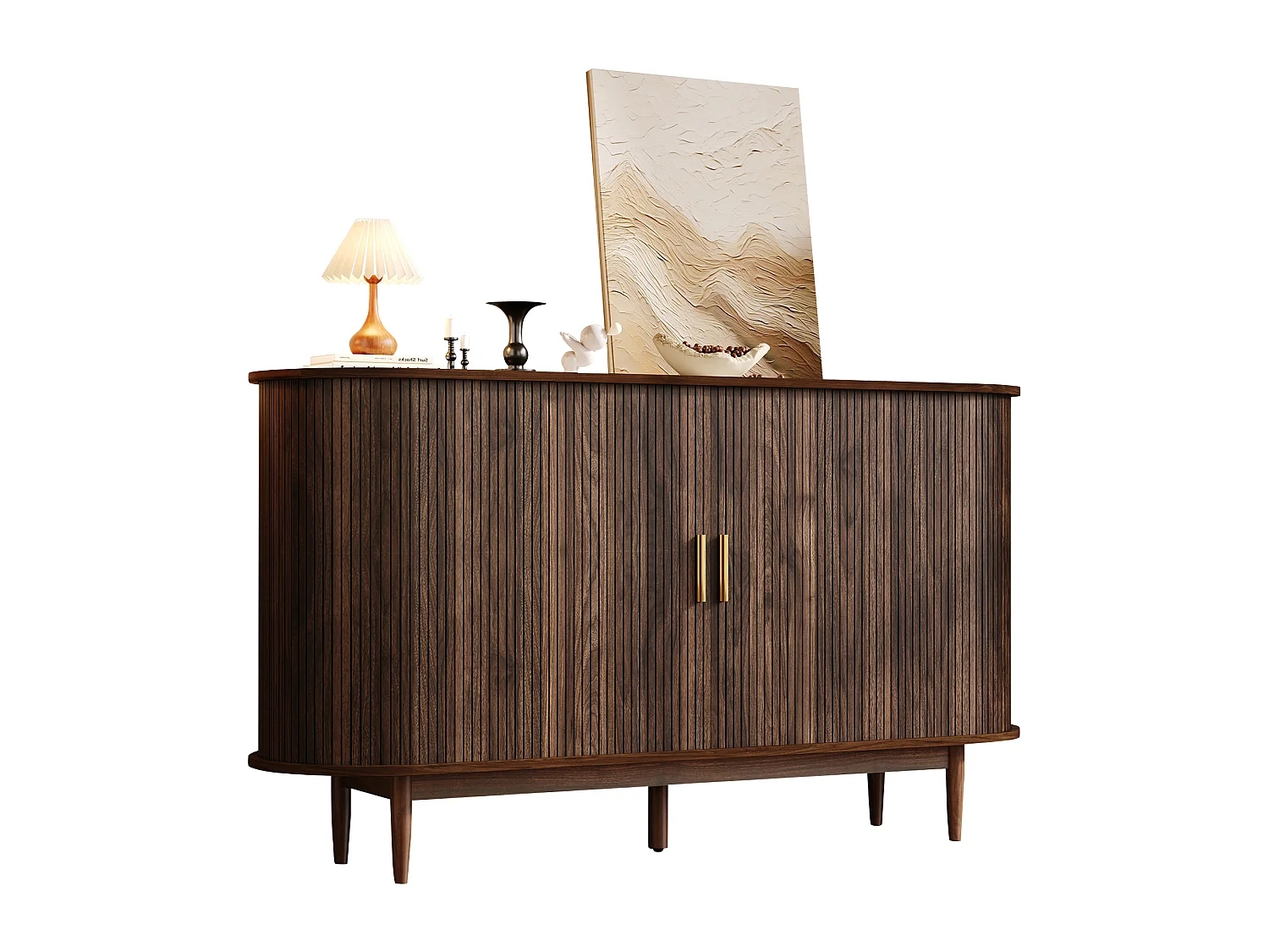 Buffet style rétro 140x40x78 cm - 2 portes coulissantes, 1 tiroir et étagères ouvertes - Plateau incurvé - Marron