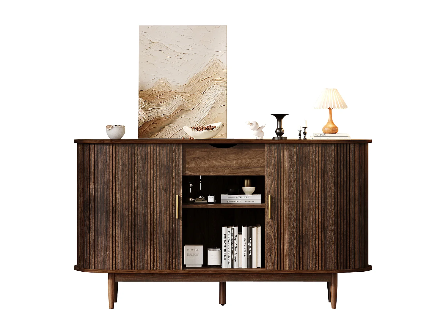 Buffet style rétro 140x40x78 cm - 2 portes coulissantes, 1 tiroir et étagères ouvertes - Plateau incurvé - Marron