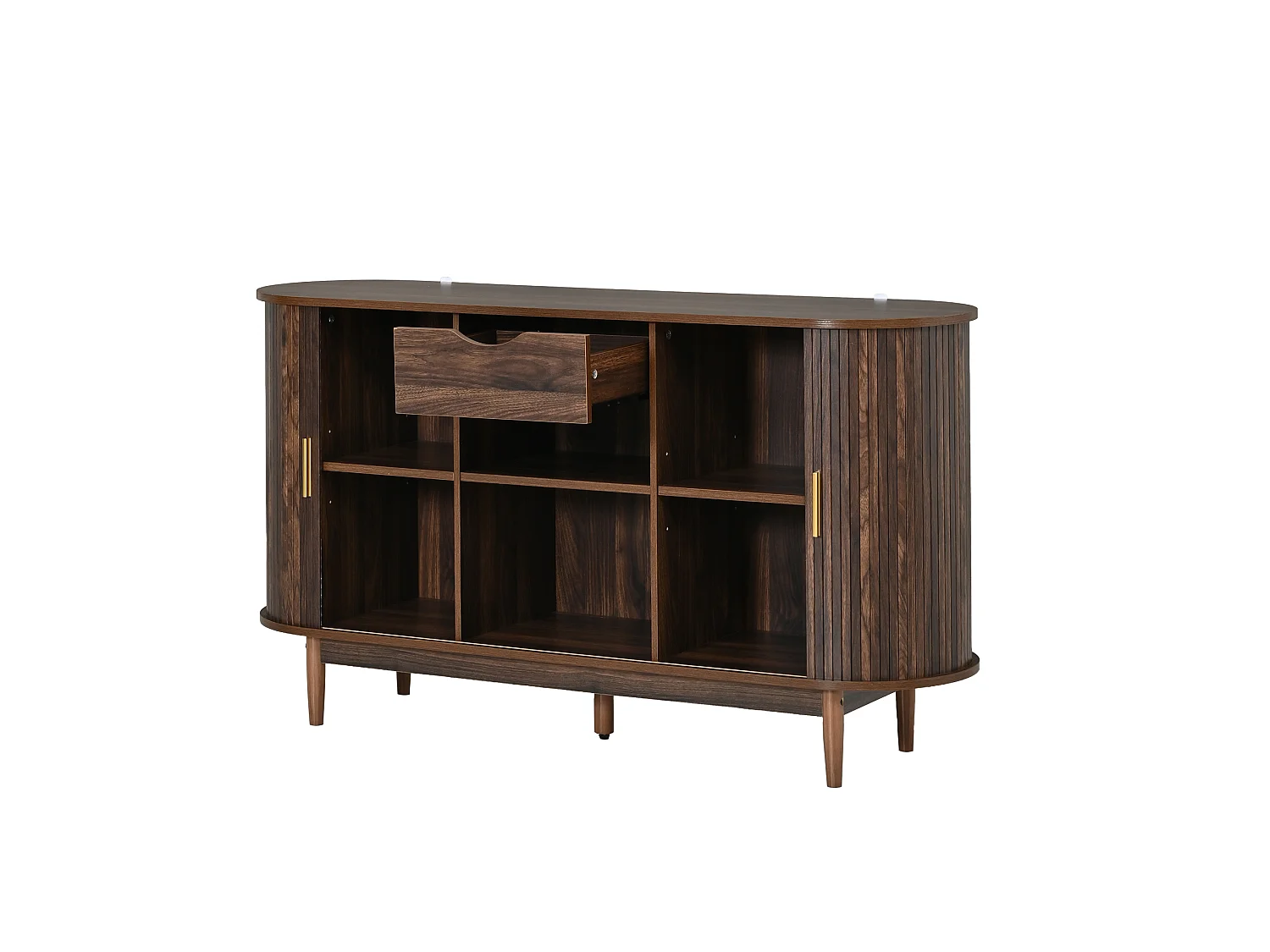 Buffet style rétro 140x40x78 cm - 2 portes coulissantes, 1 tiroir et étagères ouvertes - Plateau incurvé - Marron