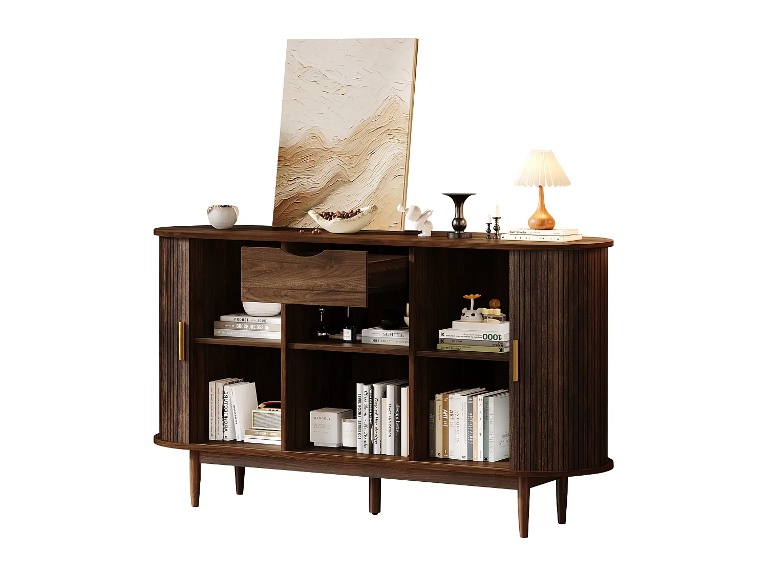 Buffet style rétro 140x40x78 cm - 2 portes coulissantes, 1 tiroir et étagères ouvertes - Plateau incurvé - Marron