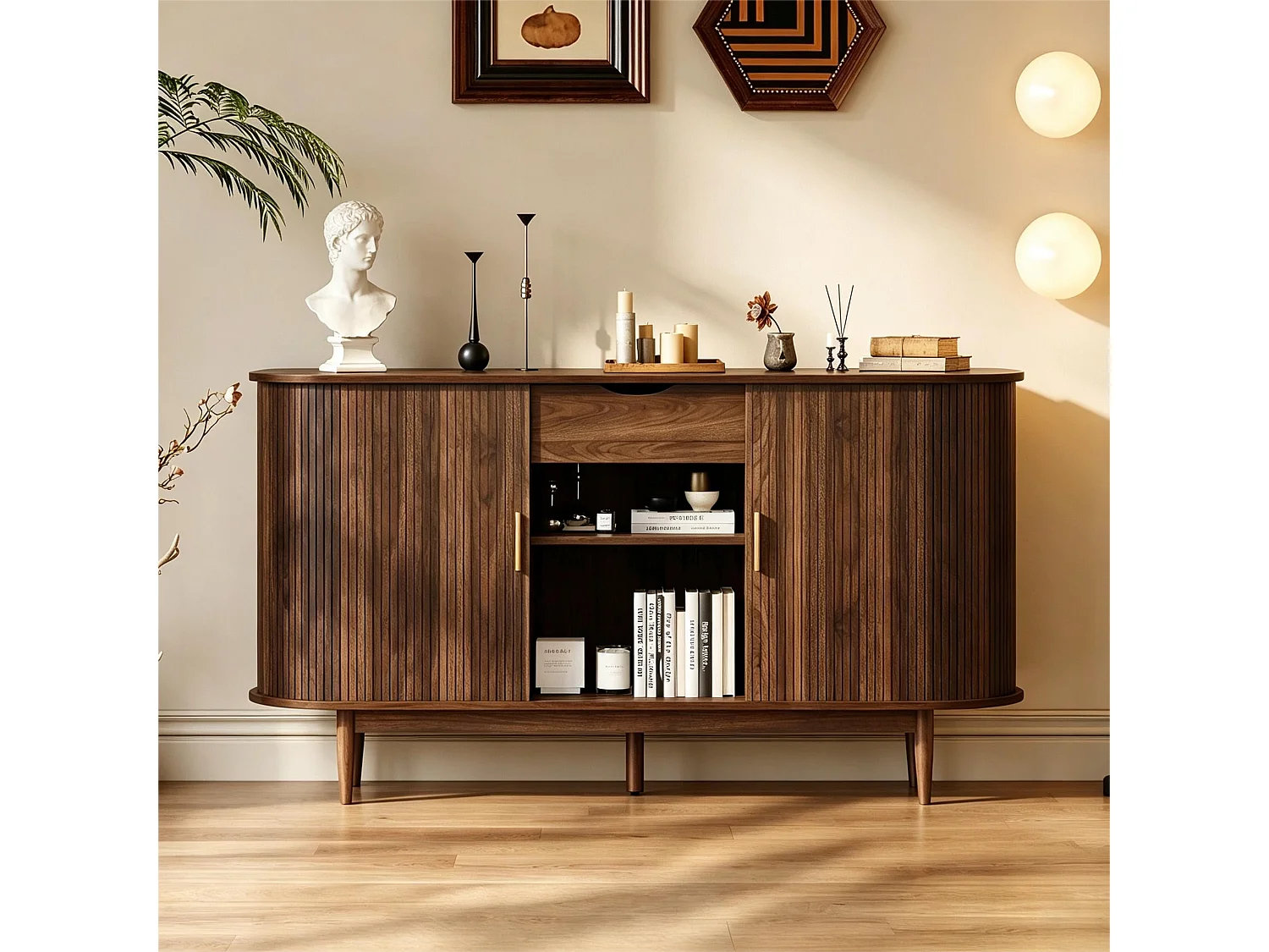 Buffet style rétro 140x40x78 cm - 2 portes coulissantes, 1 tiroir et étagères ouvertes - Plateau incurvé - Marron
