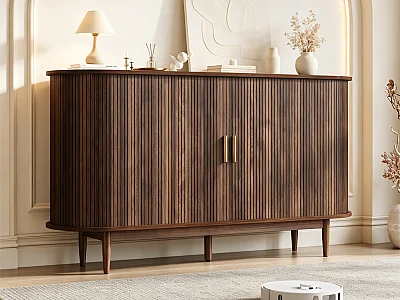 Buffet retrostijl 140x40x78 cm - 2 schuifdeuren, 1 lade en open planken - Gebogen plateau - Bruin