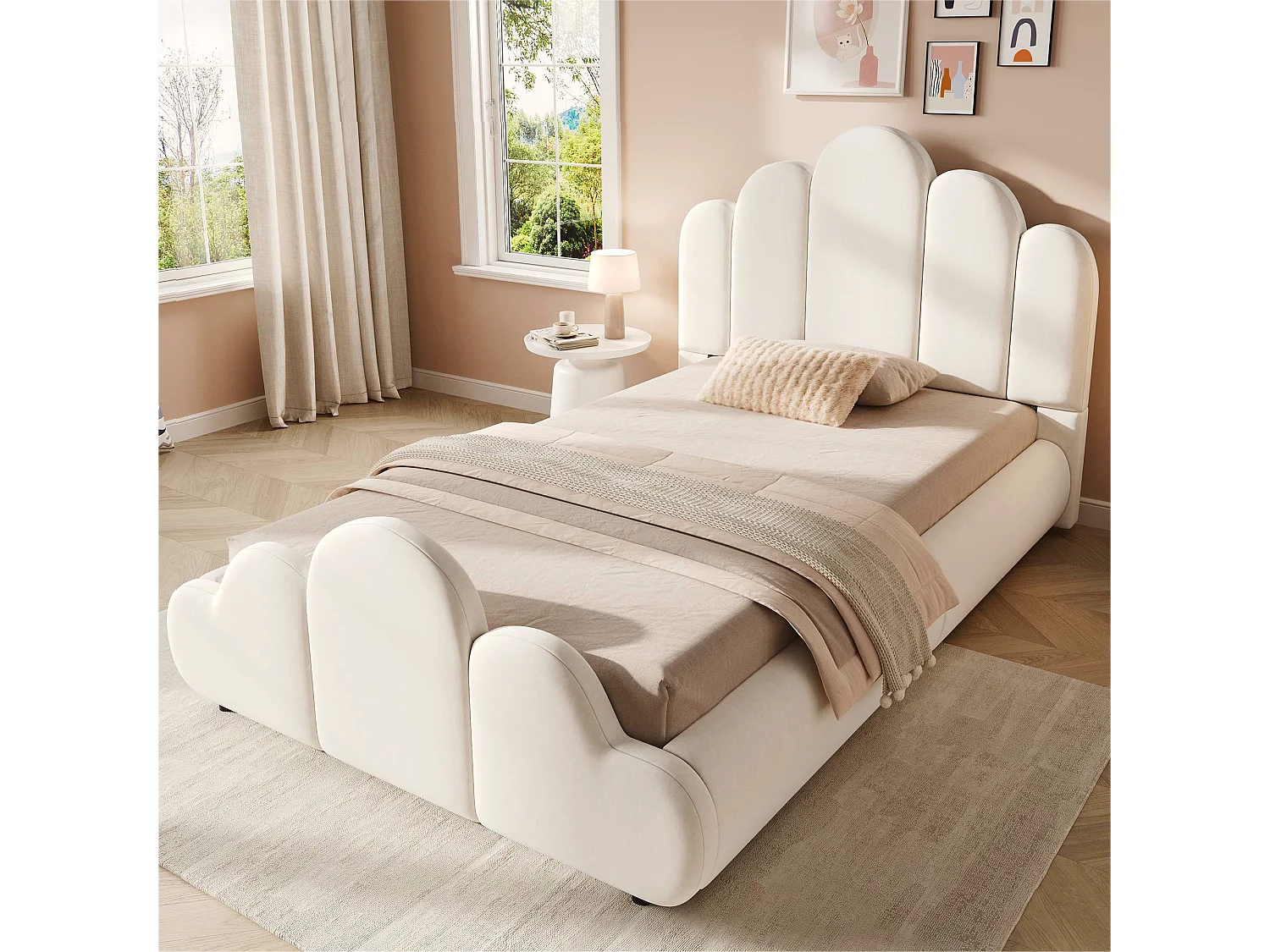 Gepolstertes Kinderbett 90 x 200 cm mit gepolstertem Wolkenkopfteil und abgerundeten Ecken - Samt - Beige (Matratze nicht im Lieferumfang enthalten)