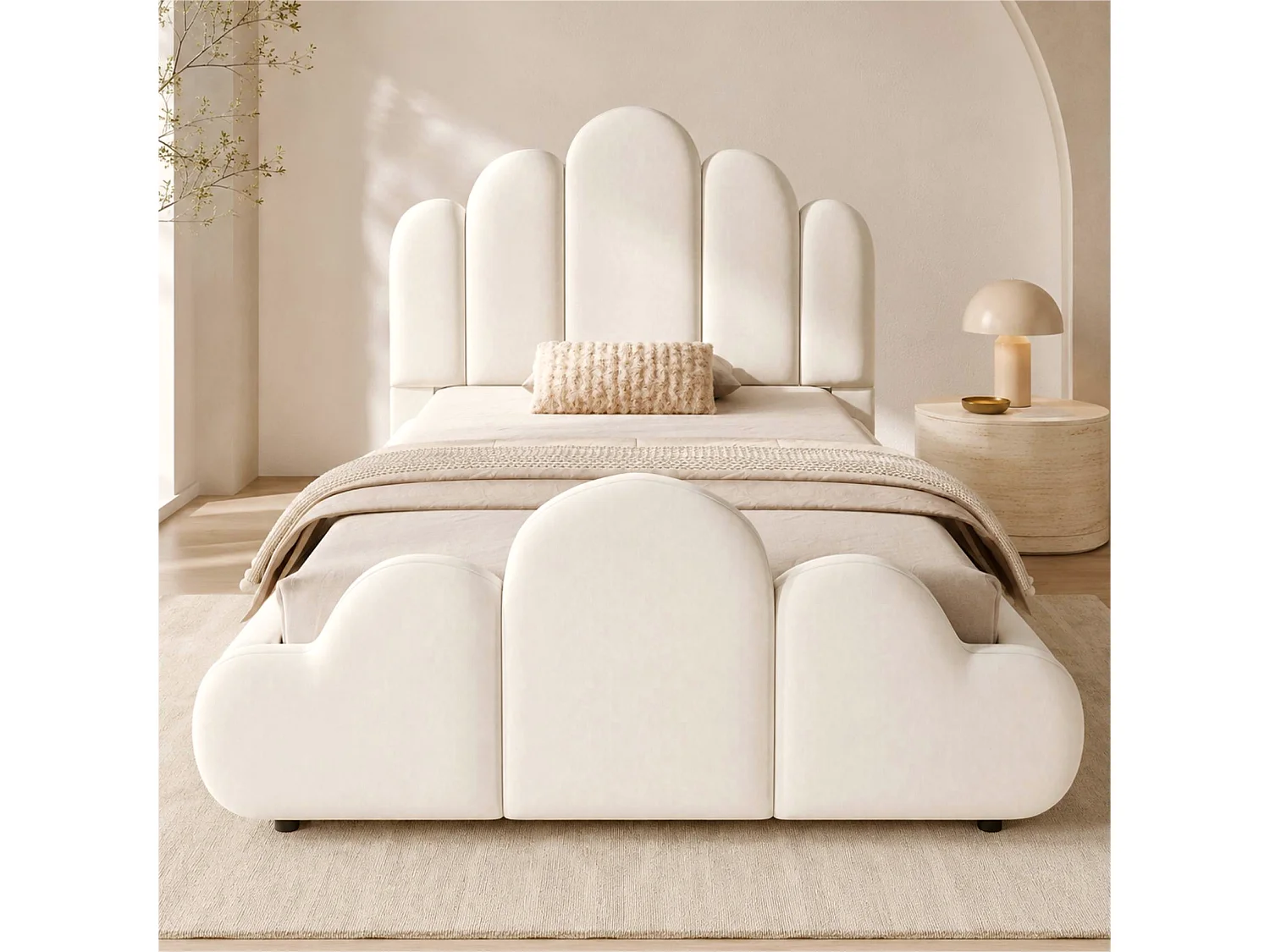Gepolstertes Kinderbett 90 x 200 cm mit gepolstertem Wolkenkopfteil und abgerundeten Ecken - Samt - Beige (Matratze nicht im Lieferumfang enthalten)