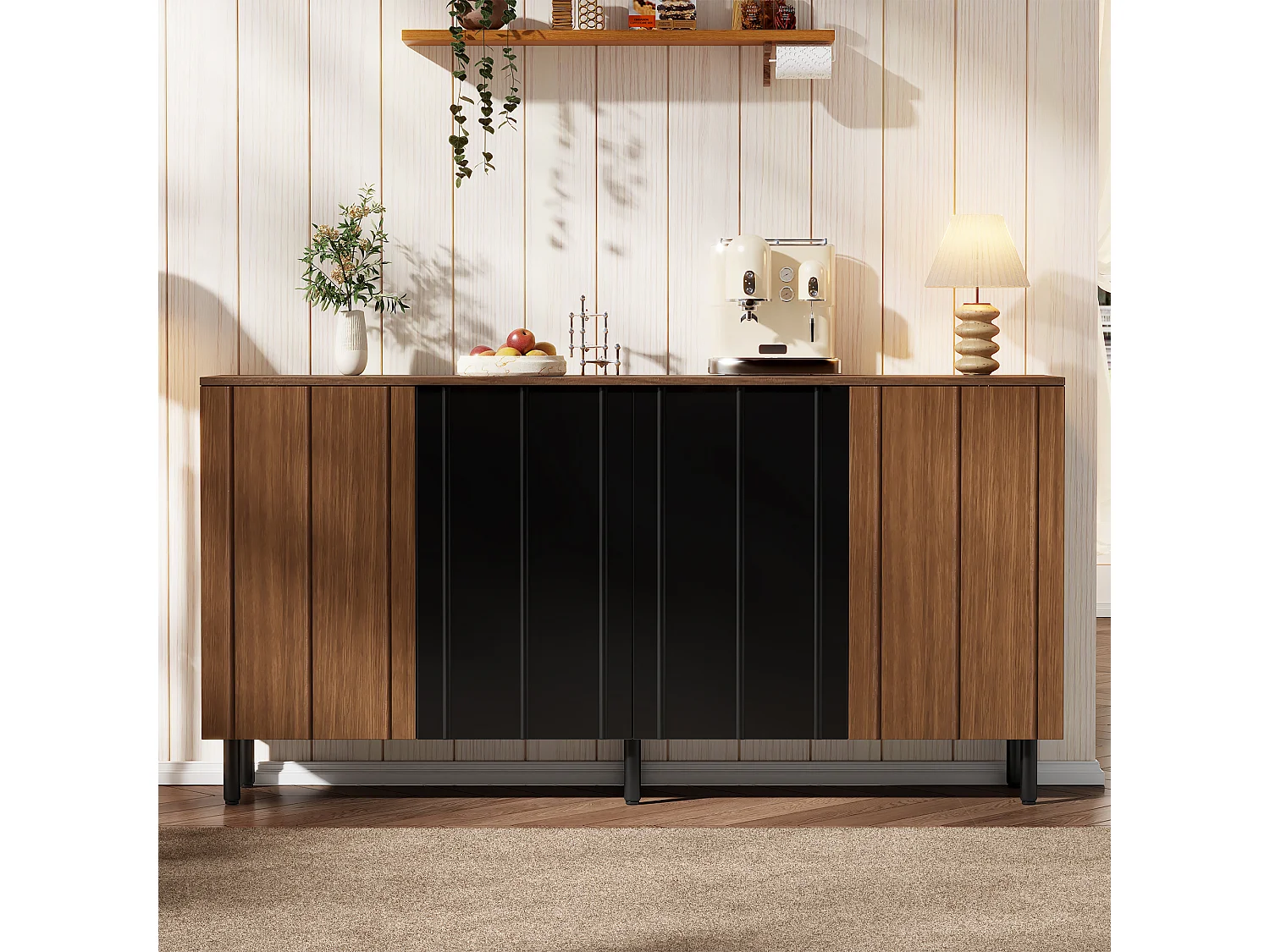 Buffet style rétro 160x35x80 cm - avec 4 portes et 2 tiroirs - Couleur bois de noyer et noir