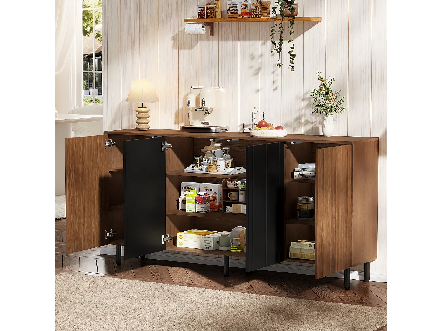 Buffet style rétro 160x35x80 cm - avec 4 portes et 2 tiroirs - Couleur bois de noyer et noir