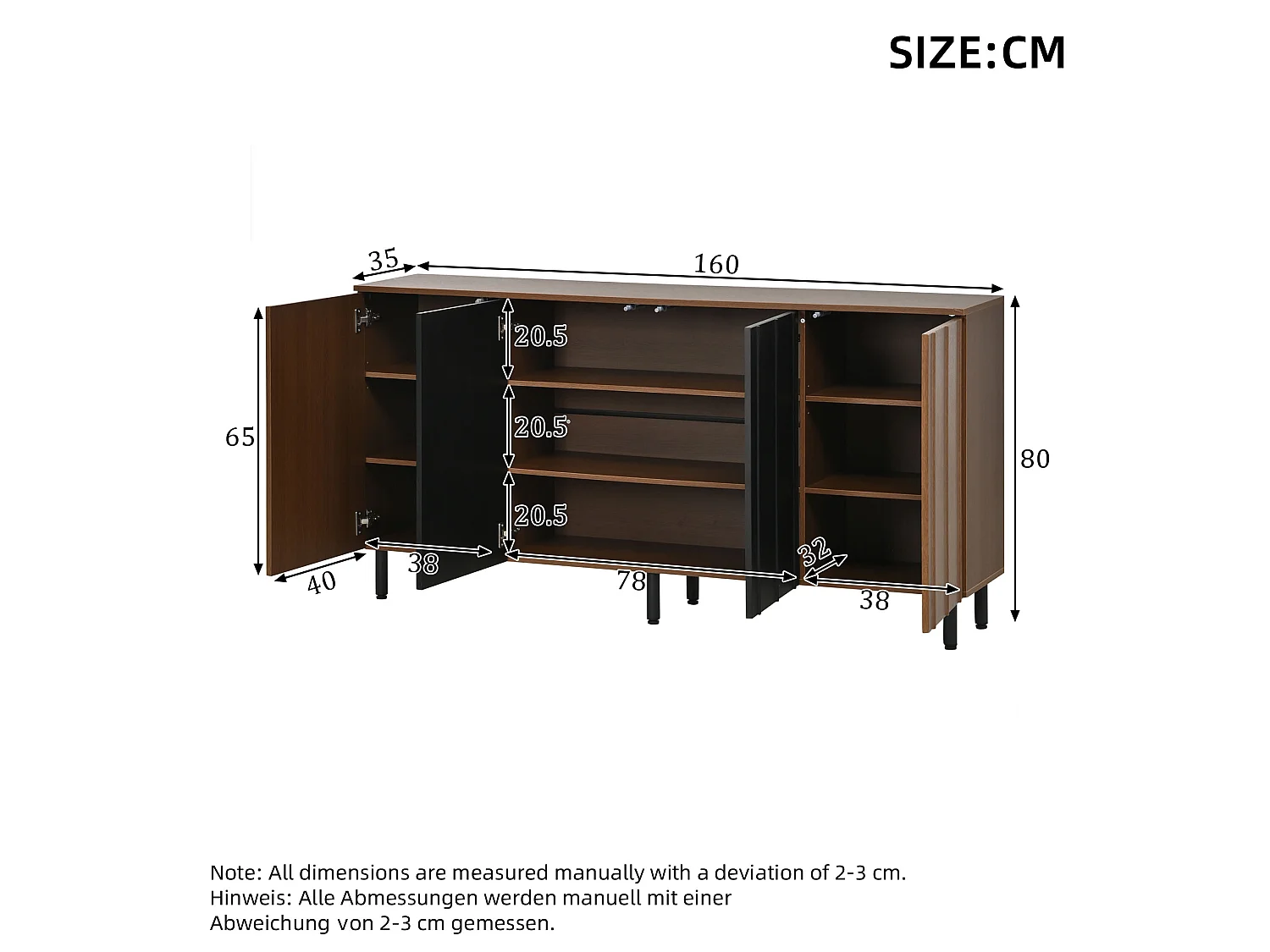 Buffet style rétro 160x35x80 cm - avec 4 portes et 2 tiroirs - Couleur bois de noyer et noir