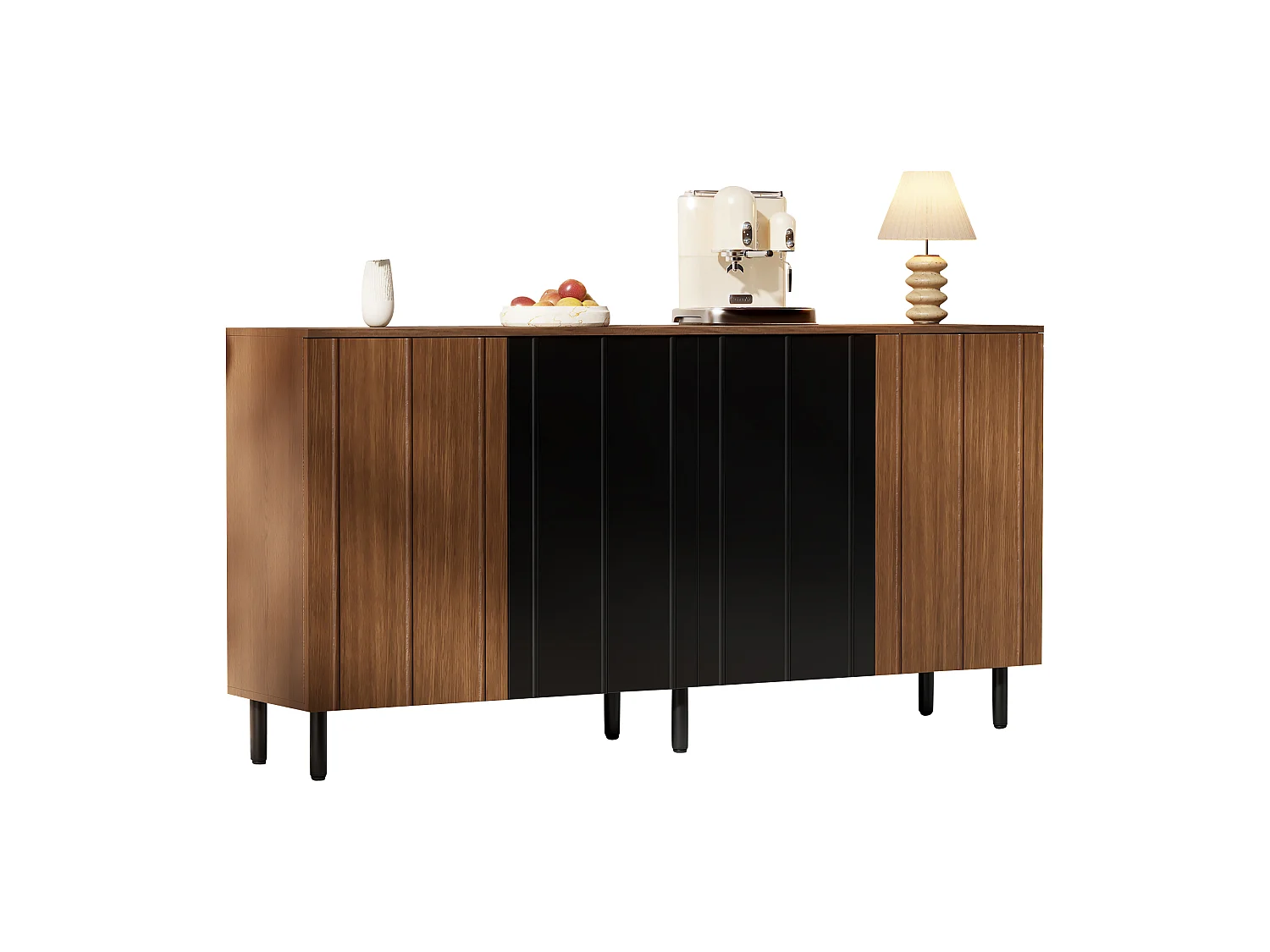 Buffet style rétro 160x35x80 cm - avec 4 portes et 2 tiroirs - Couleur bois de noyer et noir