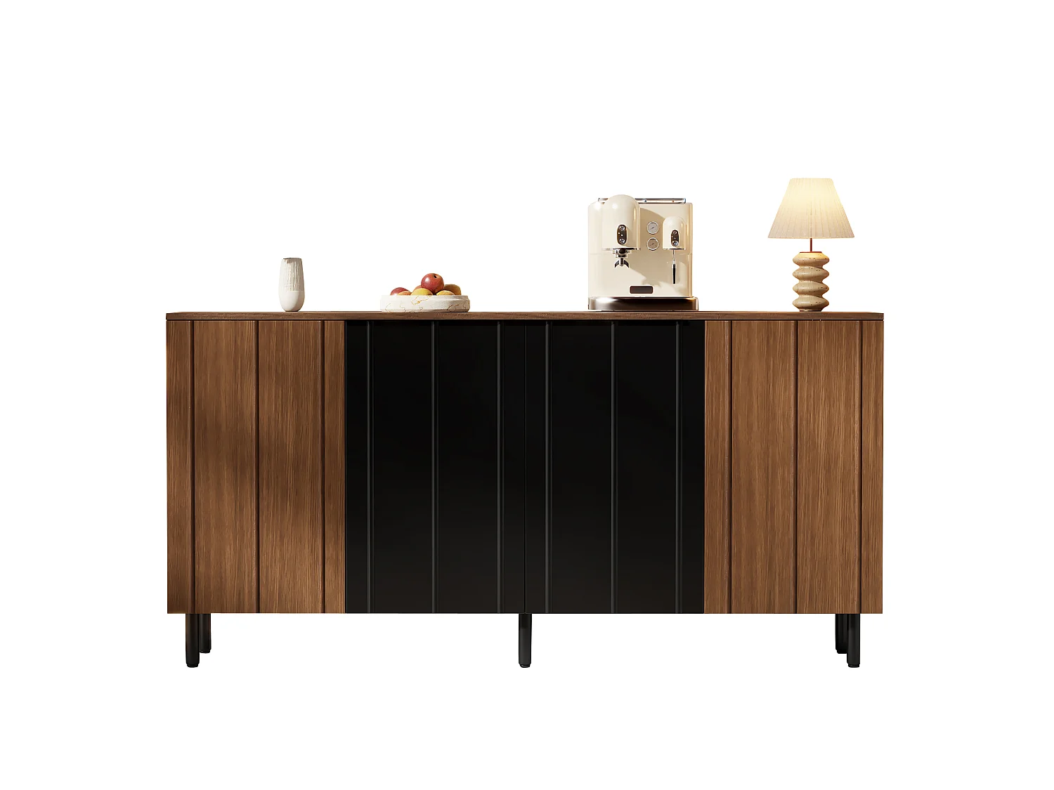 Buffet style rétro 160x35x80 cm - avec 4 portes et 2 tiroirs - Couleur bois de noyer et noir