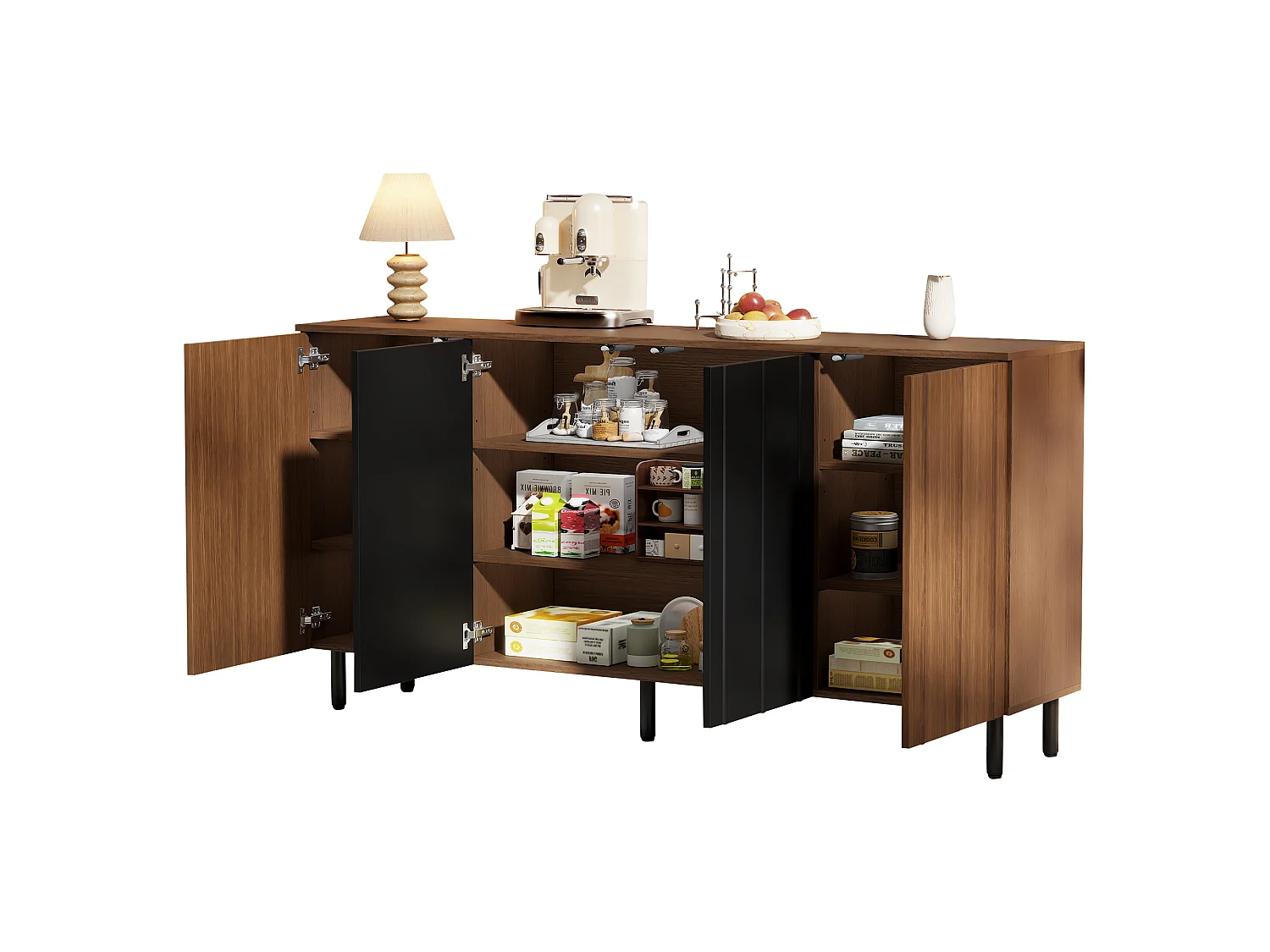 Buffet style rétro 160x35x80 cm - avec 4 portes et 2 tiroirs - Couleur bois de noyer et noir